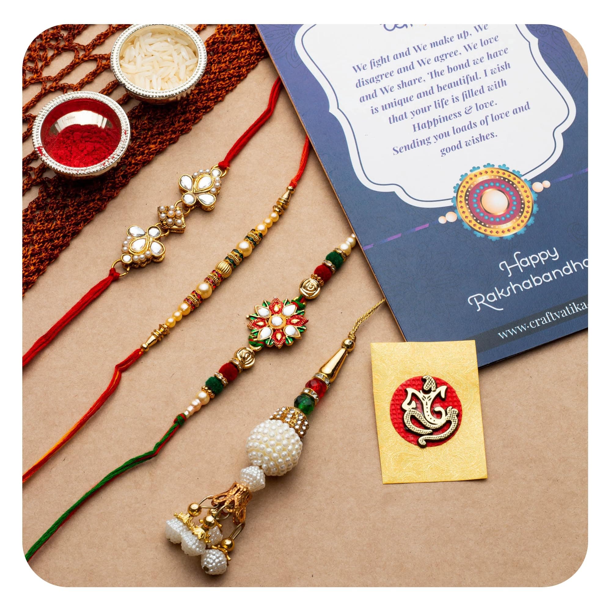 CraftVatika Combo Of 4 Kundan Rakhi For Brother, Bhaiya, kids and Bhabhi, Rakshabandhan Gift Card/Bhabhi Lumba Rakhi/Kundan Rakhi Gifts (RAKHI231)