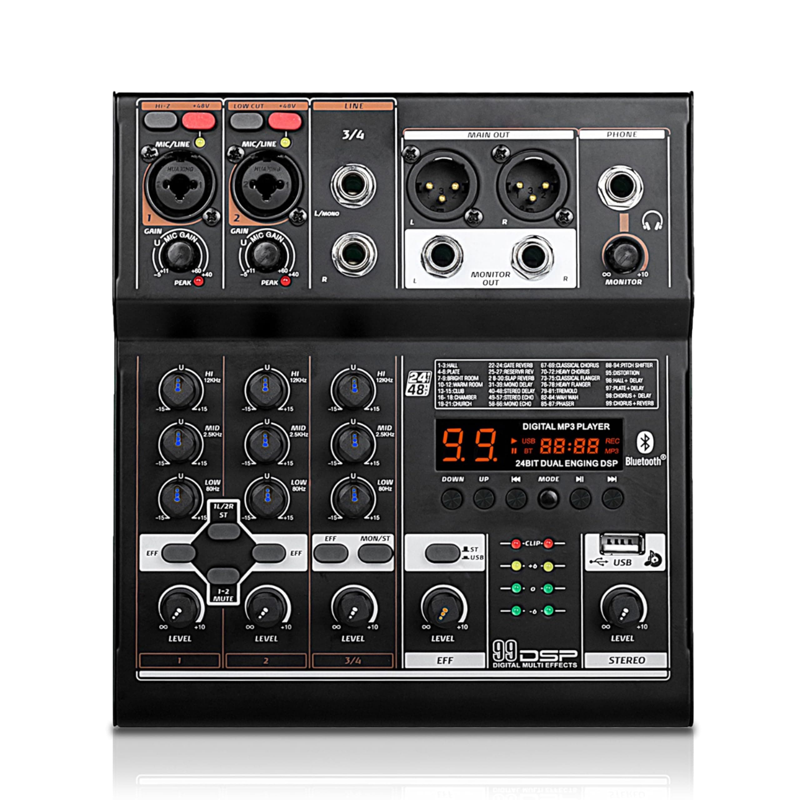 Audio Array 4-Channel 3-Out Hybrid USB Summing Audio Mixer | 4 Analog & 2 Digital Channels (L+R) | 99 DSP FX | 192kHz/24-Bit OTG | Balanced XLR Output | Phantom Power & Hi-Z | BE-4