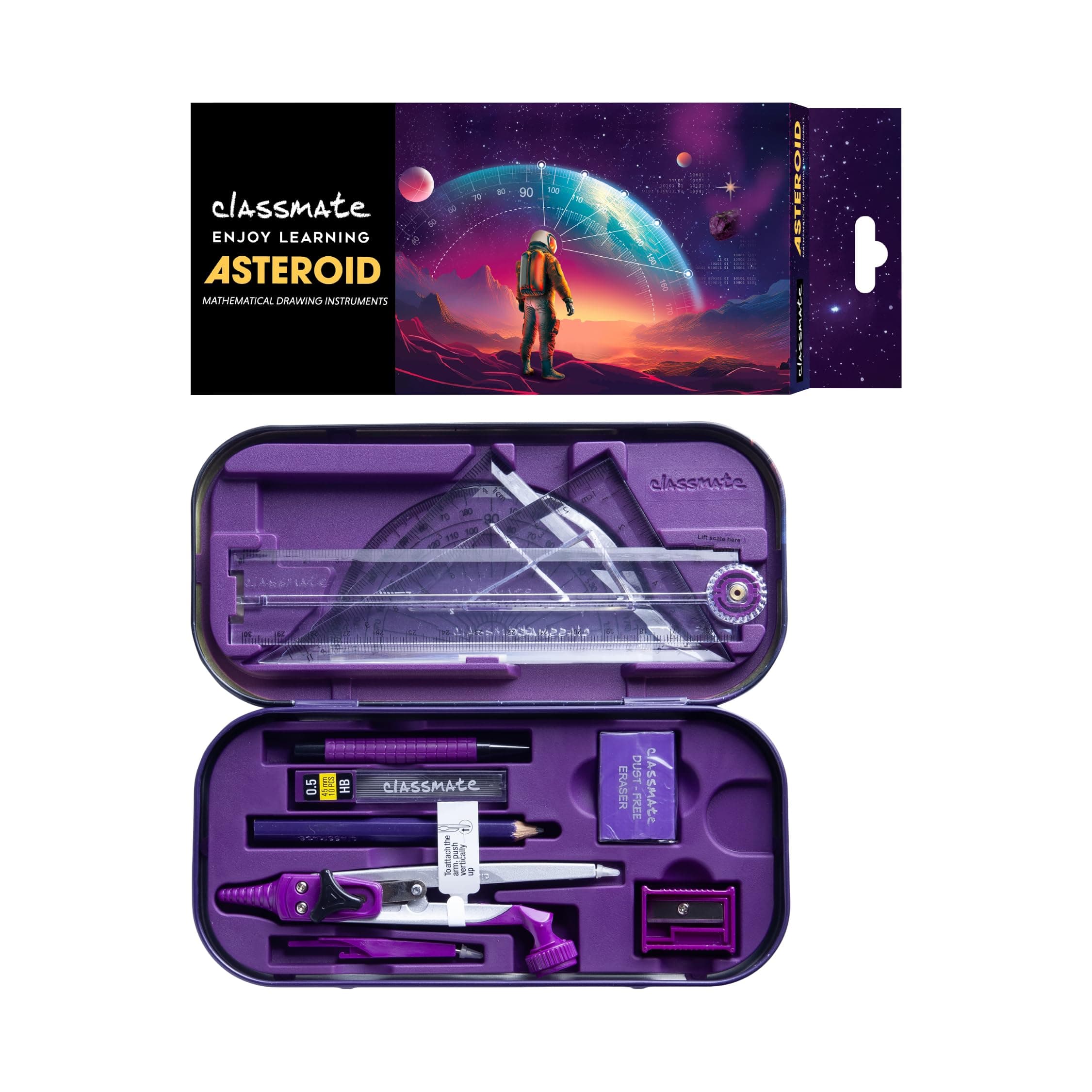 Classmate Asteroid Geometry Box | Compass-cum-Divider with arm locking mechanism | 30 cm Foldable Scale| Mechanical Pencil | Double sided tray