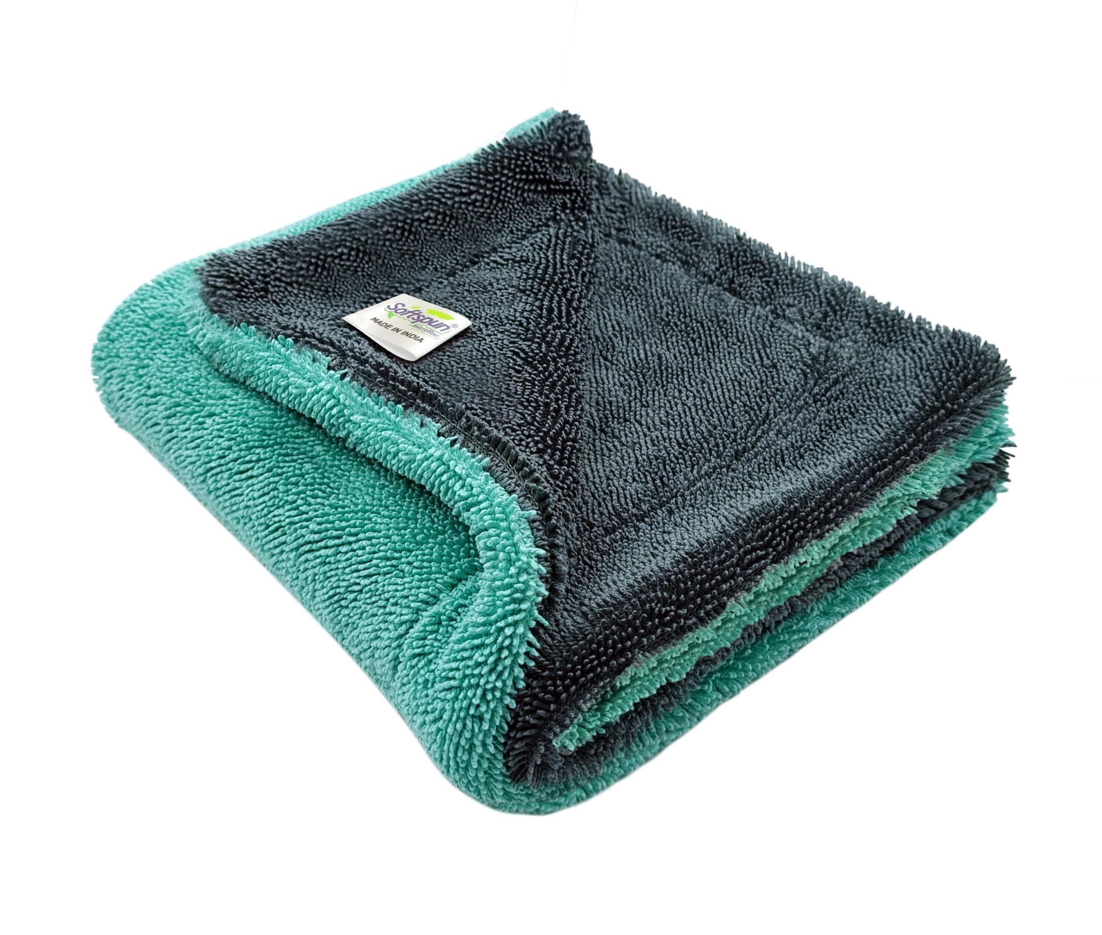 SOFTSPUN Microfiber Cloth for Car 1200 GSM 40x40cm 1Pc Aqua Blue - Grey ! One Side Twisted Loop Super Absorbent Edgeless Design with Plush Pile and Lint Free Cloth for Drying and Detailing.