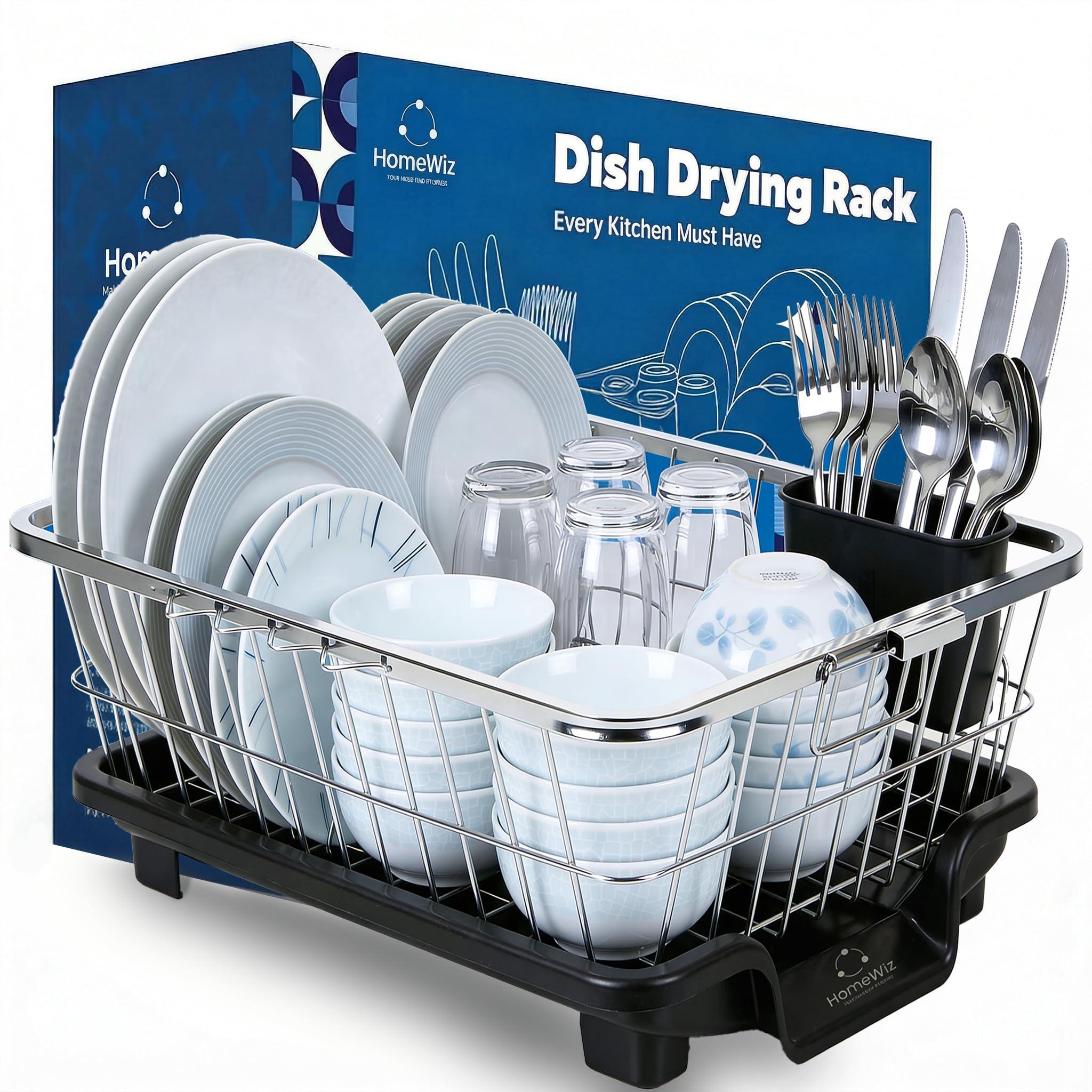 HomeWiz Dish Drying Rack | 100% Stainless Steel Utensils Drying Rack for Kitchen with Spoon Holder | Kitchen Rack with Built-in Drainage | Bartan Stand | Chrome Finish Forever Rust-Free | 40×32×16 cm
