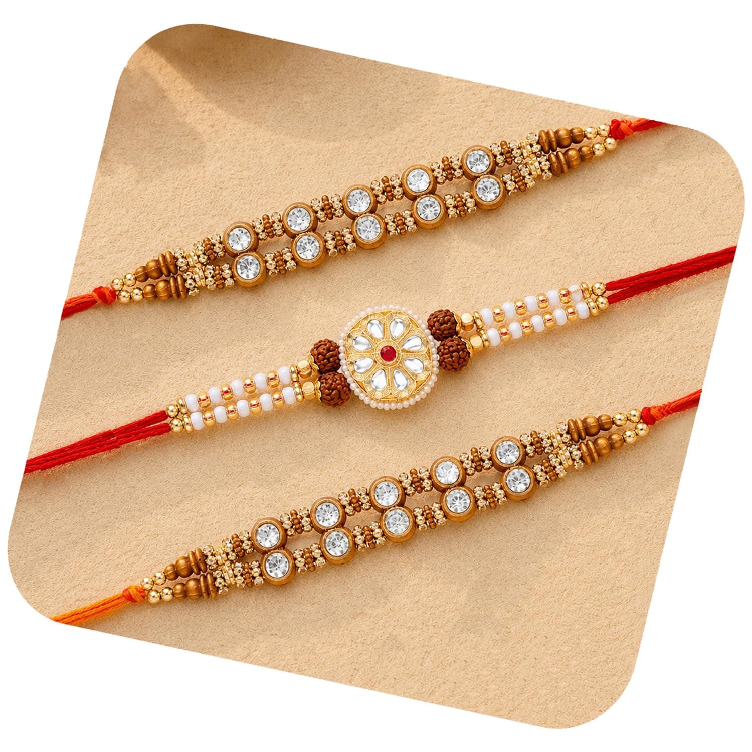 Peora Rakhi Set for Brother Pack of 3 | Rudraksha Crystal & Beads Studded | Red | Handmade Designer Silk Thread | Rakshabandhan Gift Hamper with Roli Chawal Greeting Card