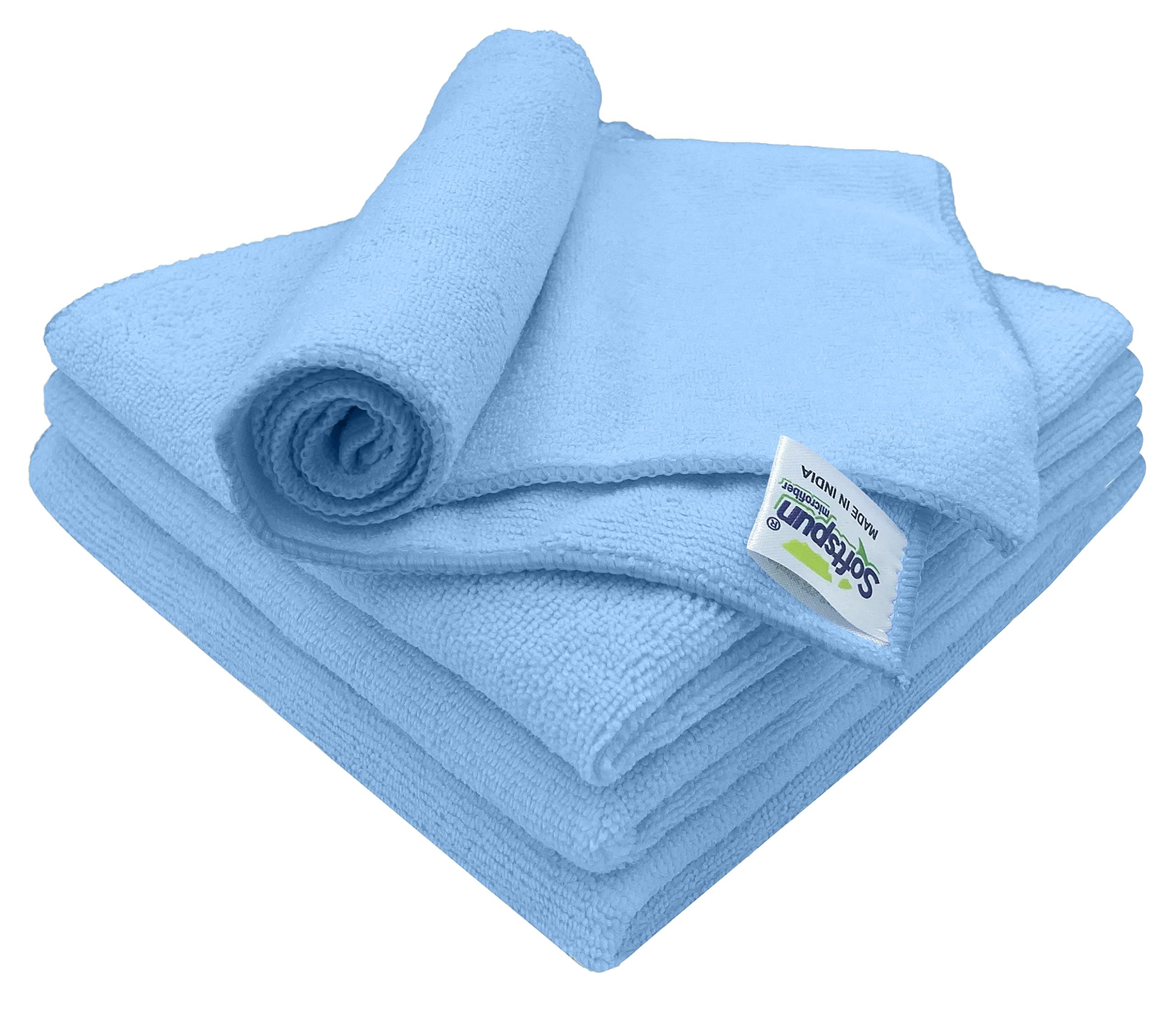 SOFTSPUN Microfiber Cloth 4 pcs 40x40 cms 340 GSM Sky Blue Thick Lint & Streak Free Multipurpose Cloths Automotive Microfibre Towels for Car Bike Cleaning Polishing Washing & Detailing.
