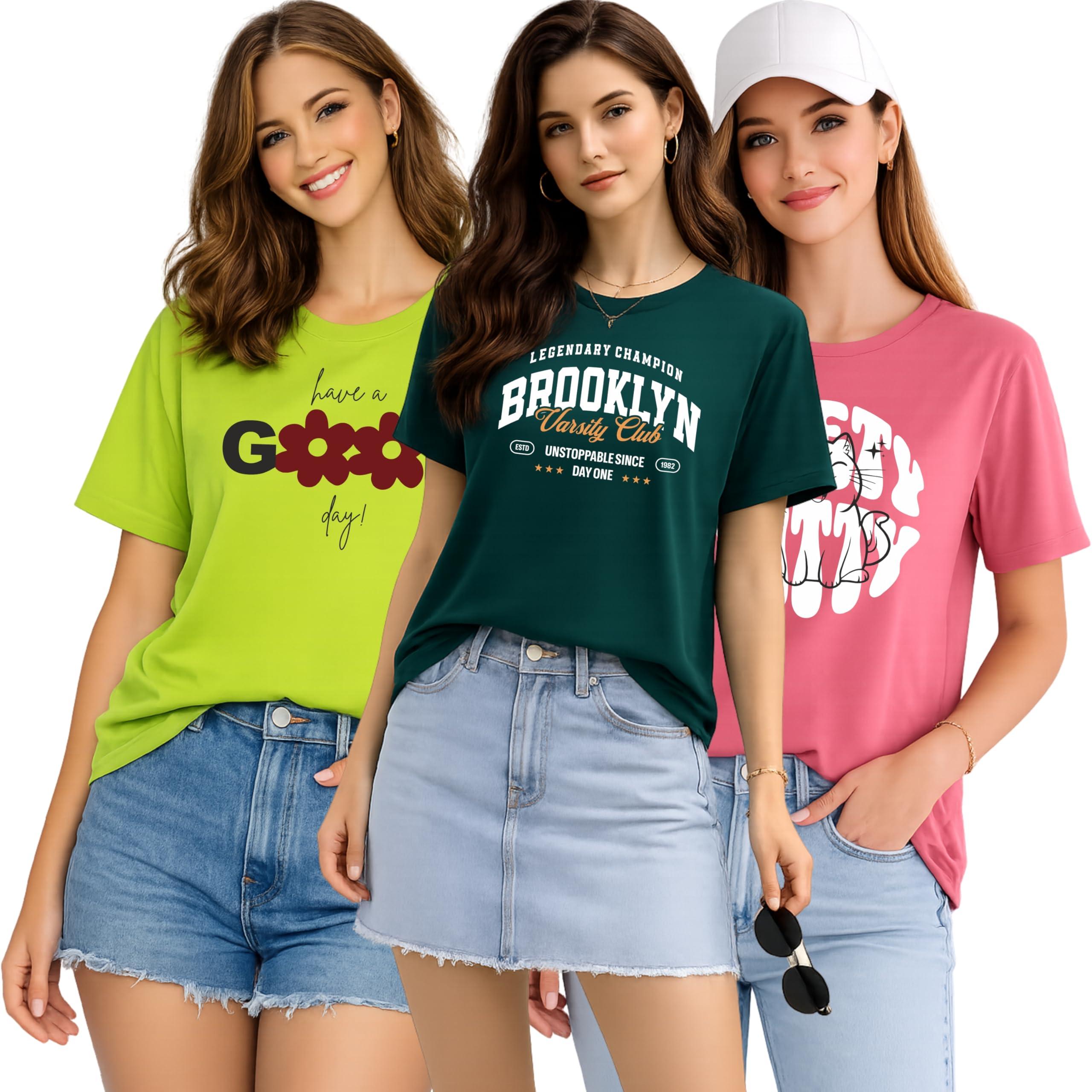 London Hills Women Cotton Printed T-Shirt Combo Pack of 3 | Loose Fit Half Sleeve Round Neck Graphic Tees for Girls & Ladies | Women’s Western Tops | Cute Trendy Print Summer Fashion T-Shirts