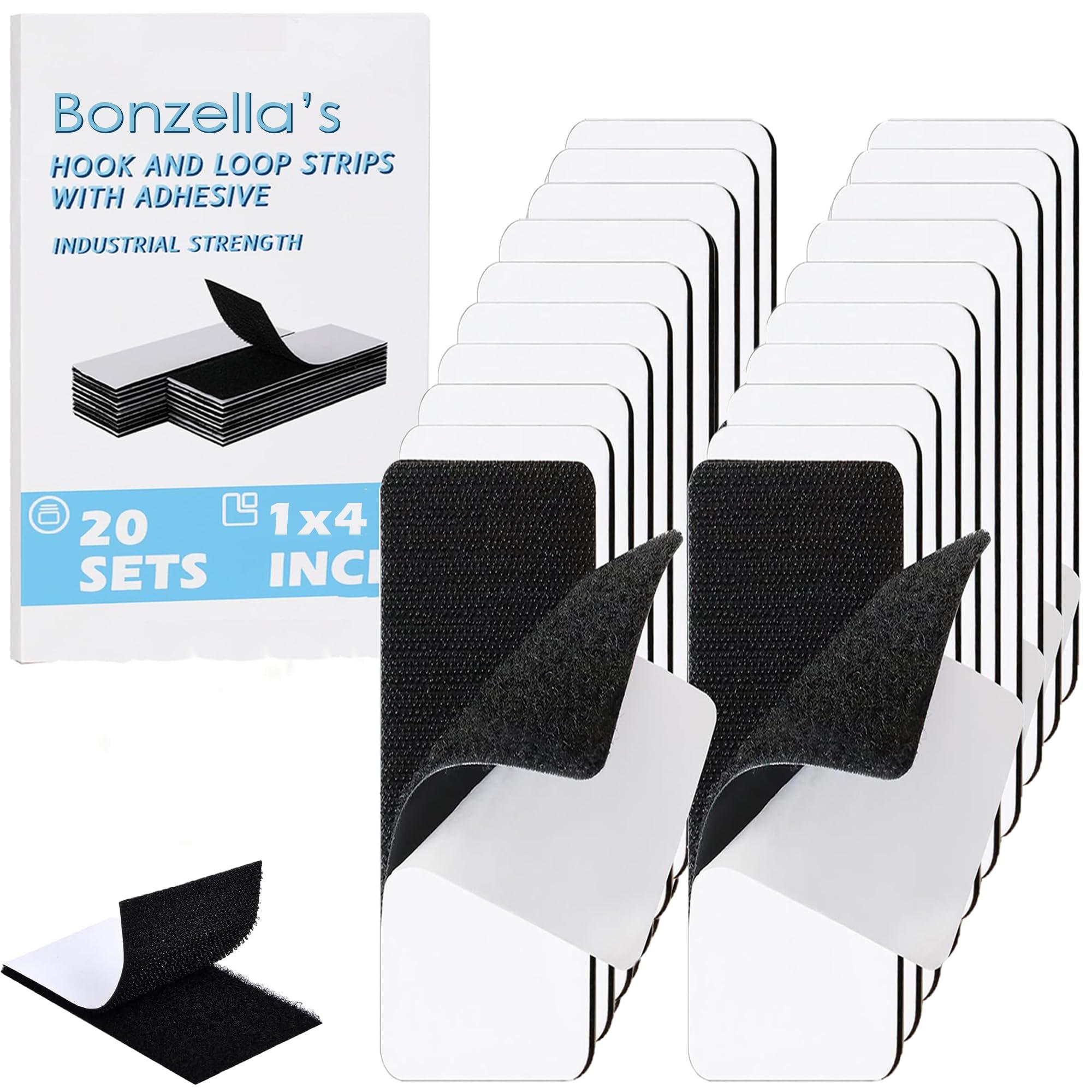 BONZELLA 20pcs Self Adhesive Hook and Loop Strips Tape 1x4 Inch, Mosquito Net Mounting Tapes for Home & Office, Multipurpose Double Sided Adhesive Hook & Loop Stickers for Crafting & Hanging (Black, 1in X 4in)