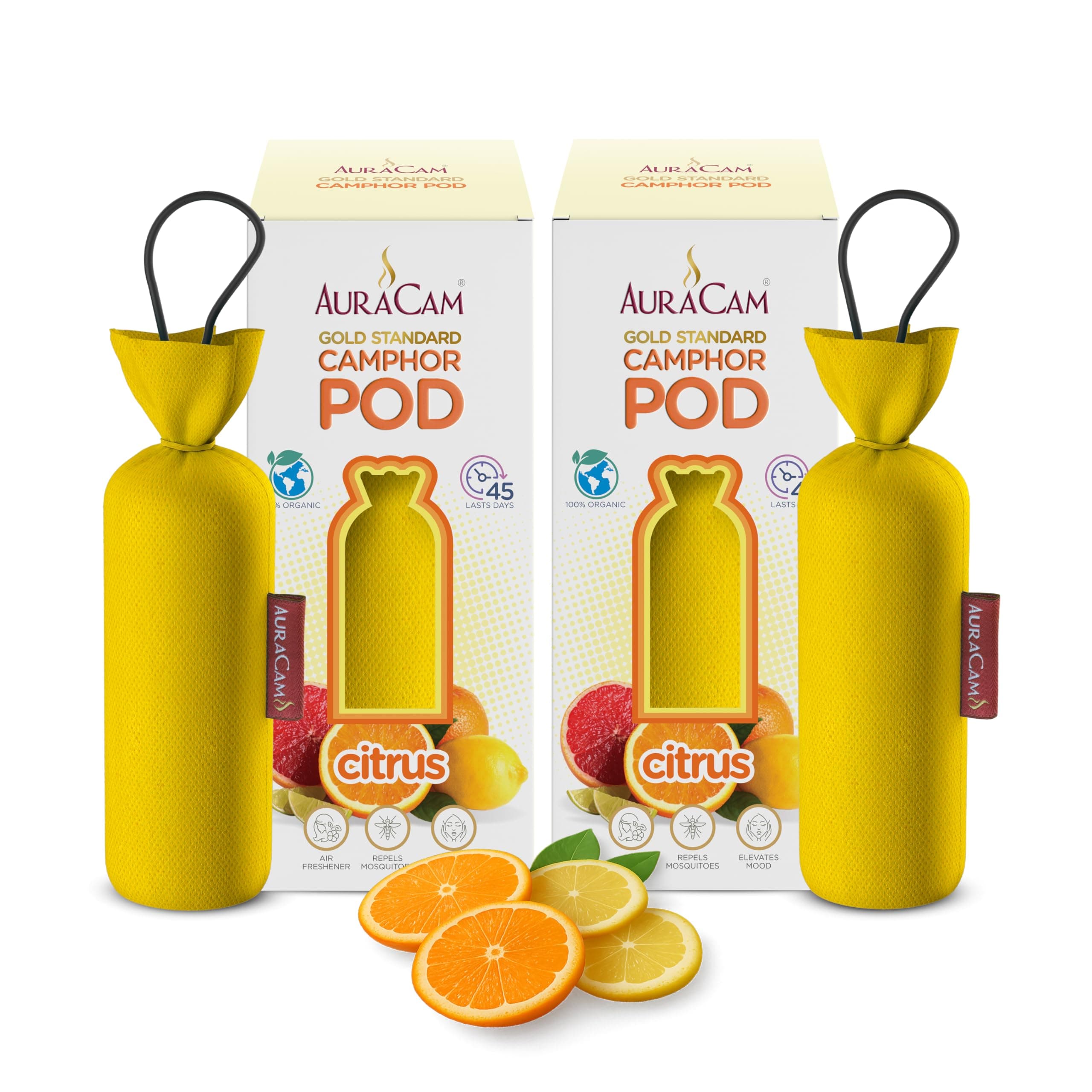 AuraCam Gold Standard Camphor Pod Cone (Citrus) - Set of 2 - Pod Air freshener For Room, Car, Bathroom, Office & Toilet | Long-Lasting Cone for Home