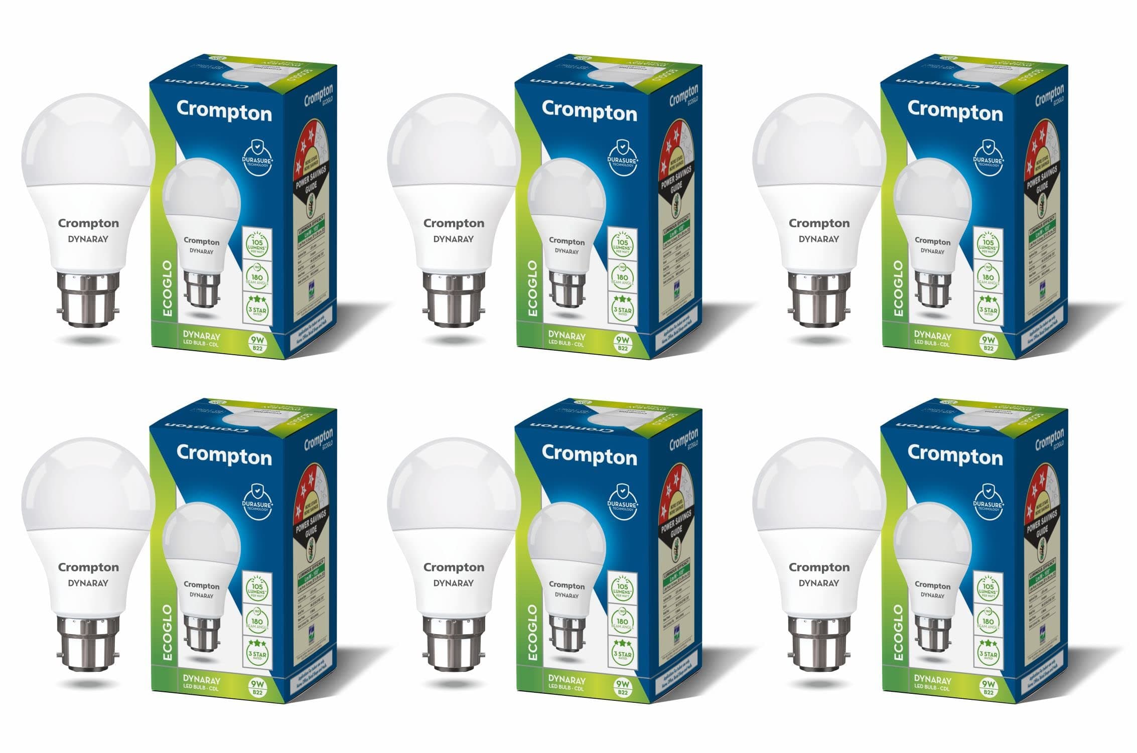Crompton Dyna Ray LED Bulb | 9W | Cool Day Light | B22 Base | 180 Degree Coverage | 4kV Surge Protection | 440V High Voltage Protection | Pack of 6