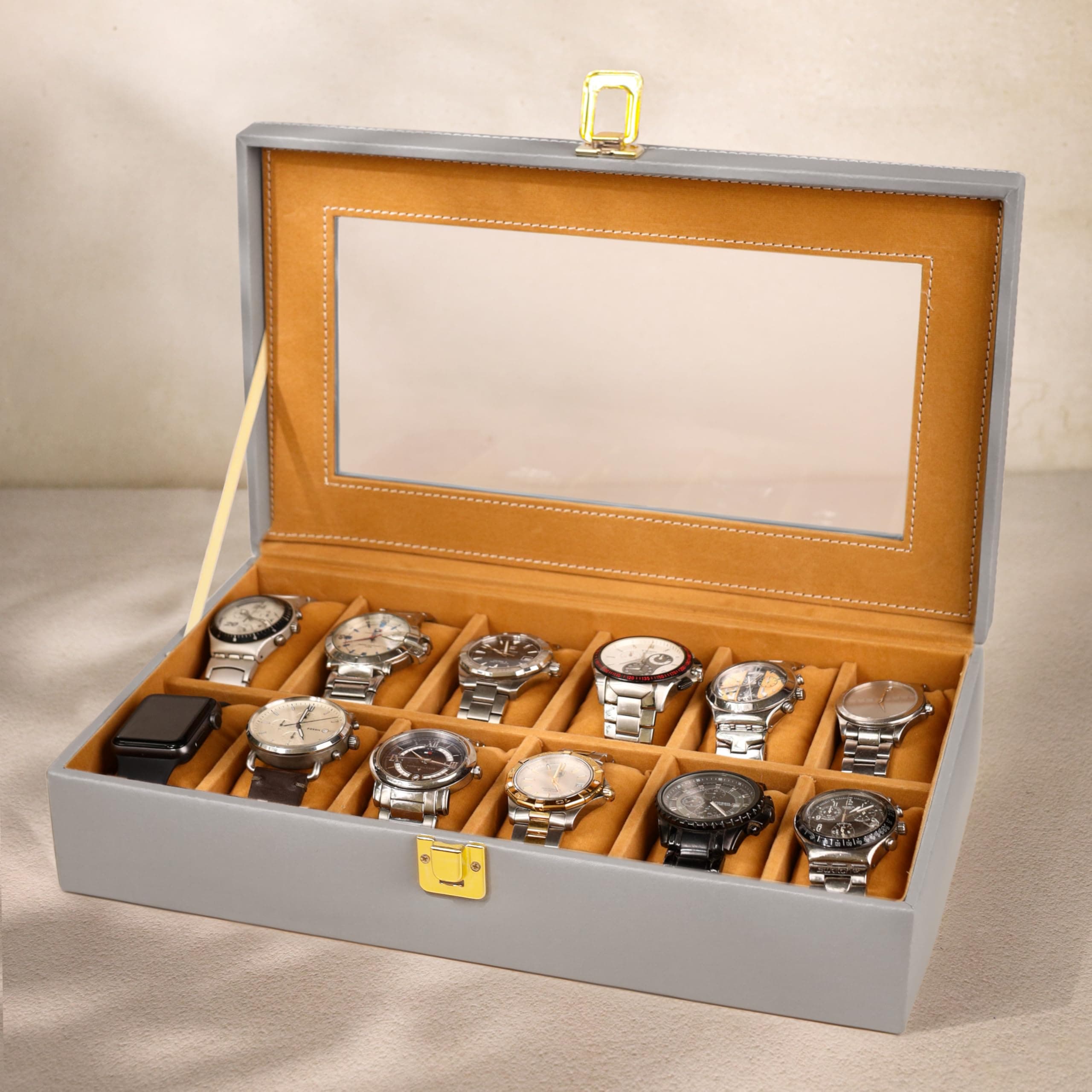 Birch & Co. Watch Box Organizer – 12 Slot Display Case with Glass Lid, PU Leather, Soft Velvet Interior – Elegant Storage for Men’s & Women’s Watches, Jewelry & Accessories – Gift-Ready Case, Grey