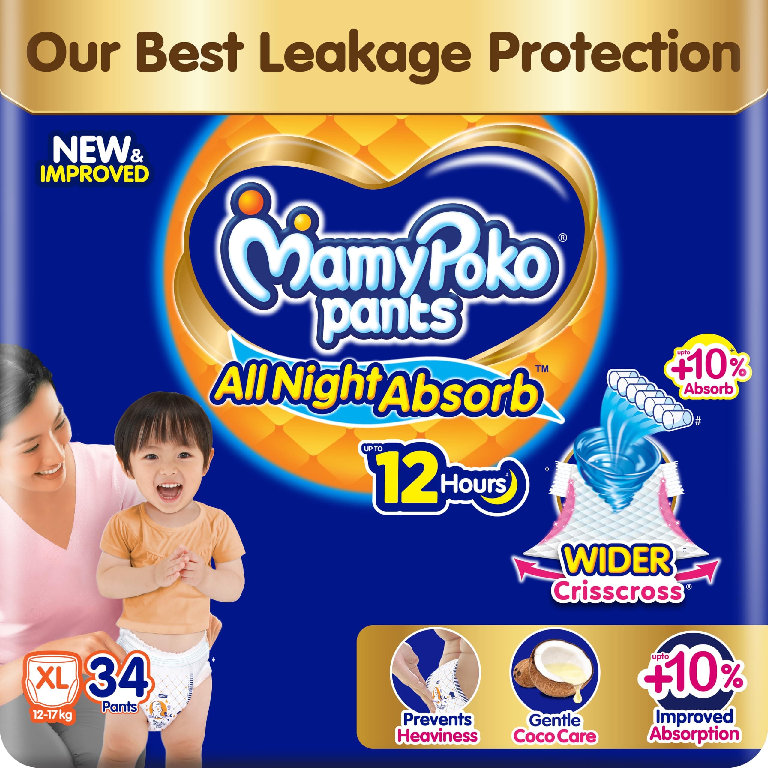 MamyPoko New Pants All Night Absorb|Pant Style Baby Diapers X- Large Size(XL), 34 Count, Ideal for 12-17Kgs|1 Diaper= Upto All Night Absorption now with 10% increased power|Wider Crisscross Sheet