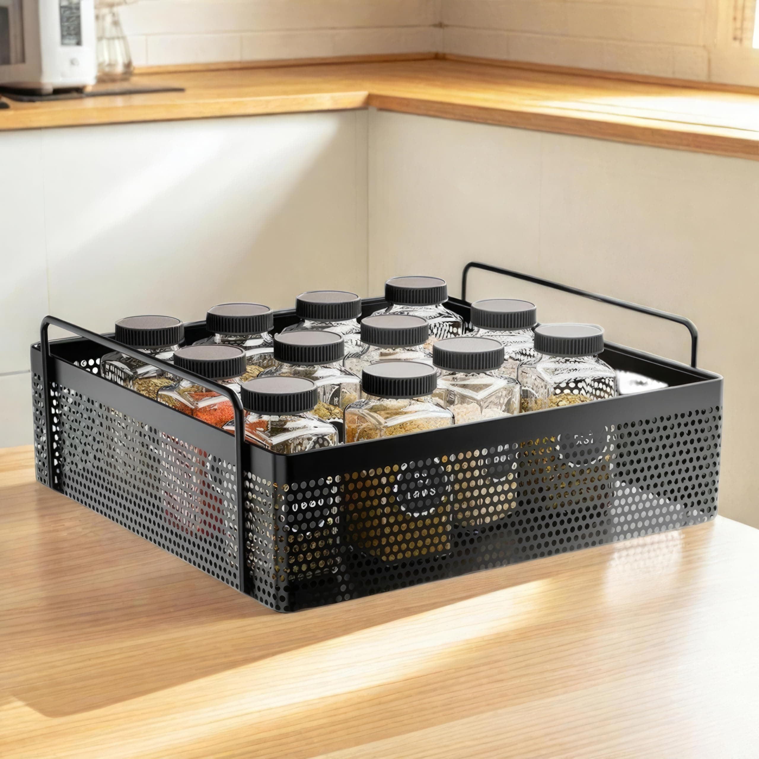 KWER 1-Tier Metal Square Kitchen Rack Stand Organiser | Countertop Organizer Kitchen Bathroom Standing Rack | Spice, Oil, Masala, Cosmetic & Bathroom Vanity Storage Rack Shelf | Dark Black
