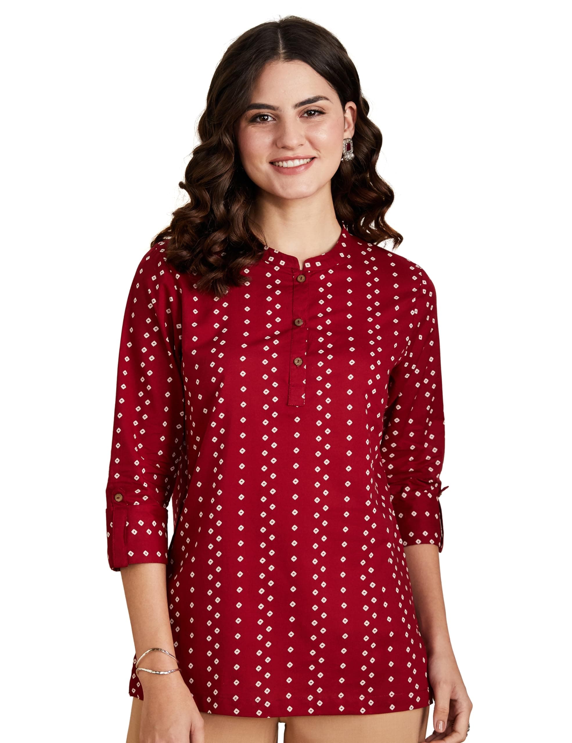 Amazon Brand - Myx Women's Cotton Regular Short Kurti (SS20MYXCORE22_Maroon-Bandhej_XL)