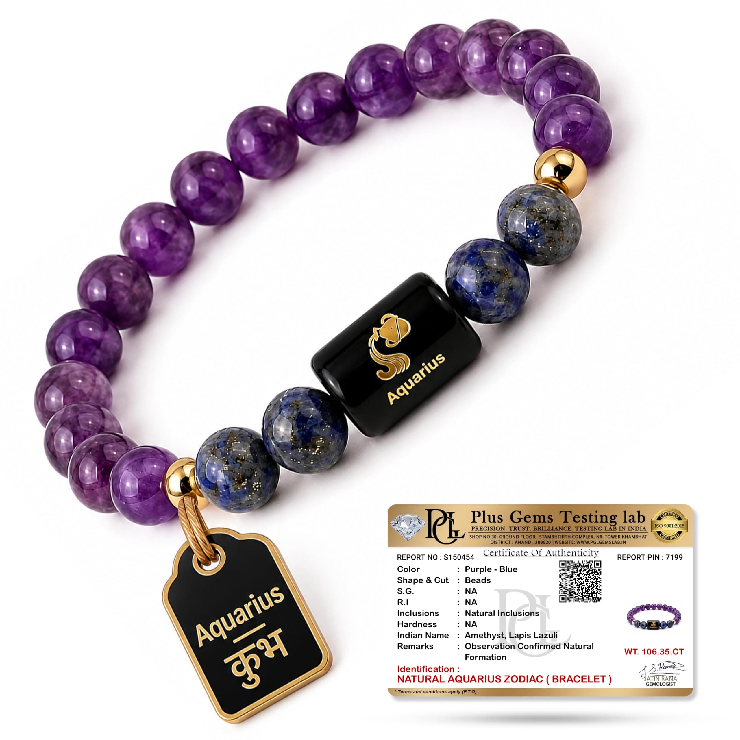 JD Fresh Aquarius Zodiac Sign Crystal Rashi Bracelet for Men &Women/8mm Amethyst&Lapis Lazuli Energy Bead Bracelet for Gift/Astrology Original Certified Natural Stone for Intuition/Inner Peace/Healing