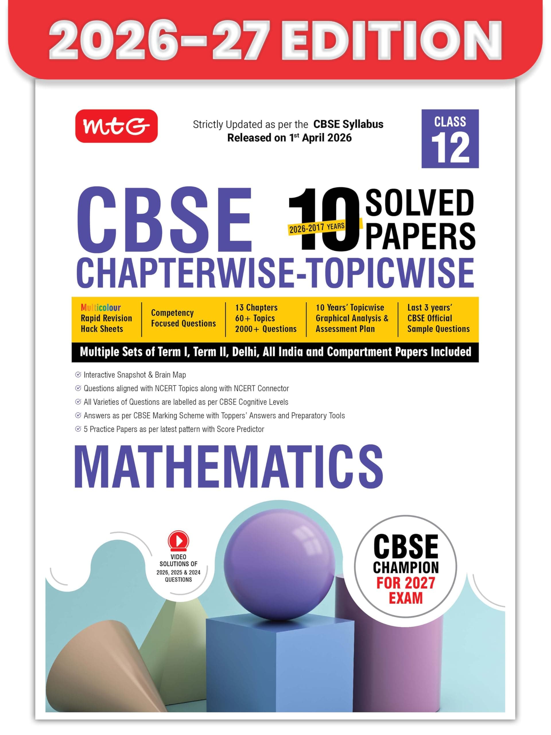 MTG CBSE Class 12 PYQs Book | 10 Years (2026-2017) Chapterwise Topicwise Solved Papers Class 12 Mathematics - CBSE Champion For 2027 Exam | Free Video ... | CBSE Sample Papers (As Per Latest Pattern)