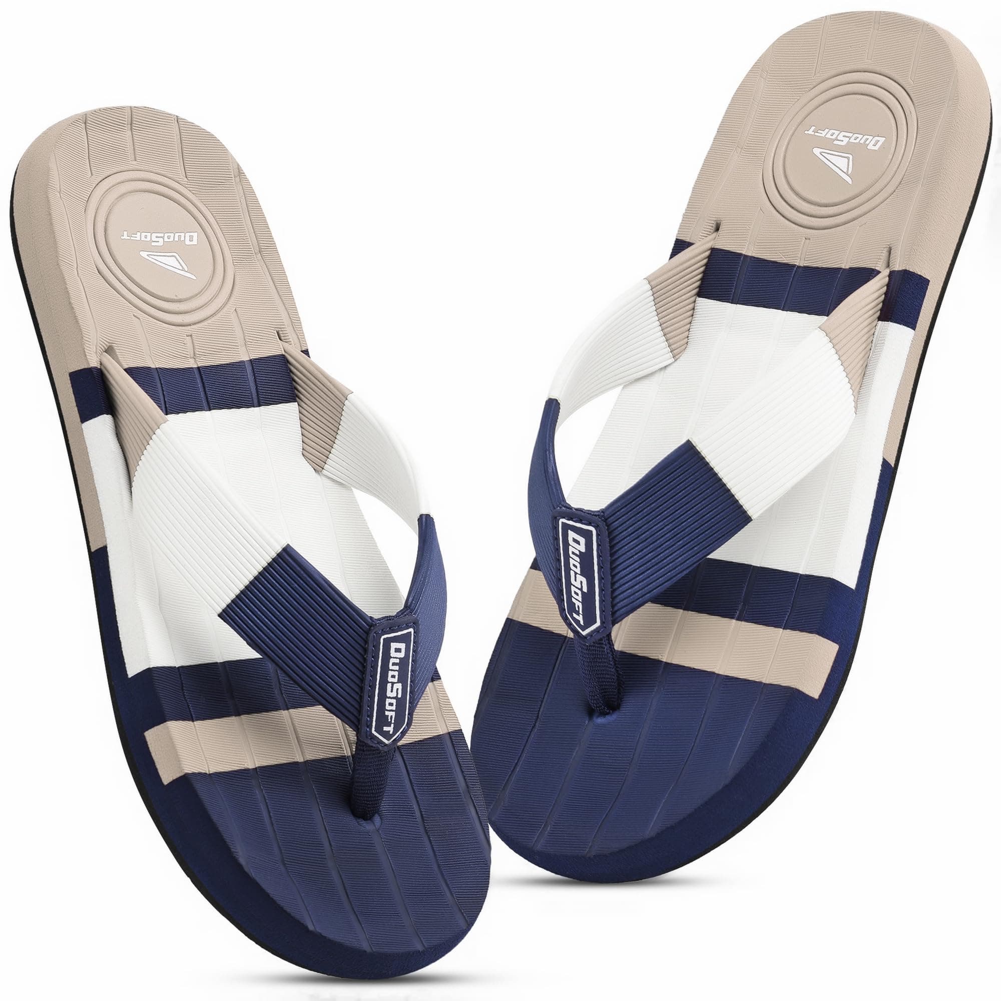 Duosoft Men's Flip Flops, Navy Blue & Beige, Anti-Skid Rubber Sole, Superior Shock Absorption, Strong Arch Support, Super Soft (Beige, 8, UK Footwear Size System, Adult, Men, Numeric, Medium, 8)