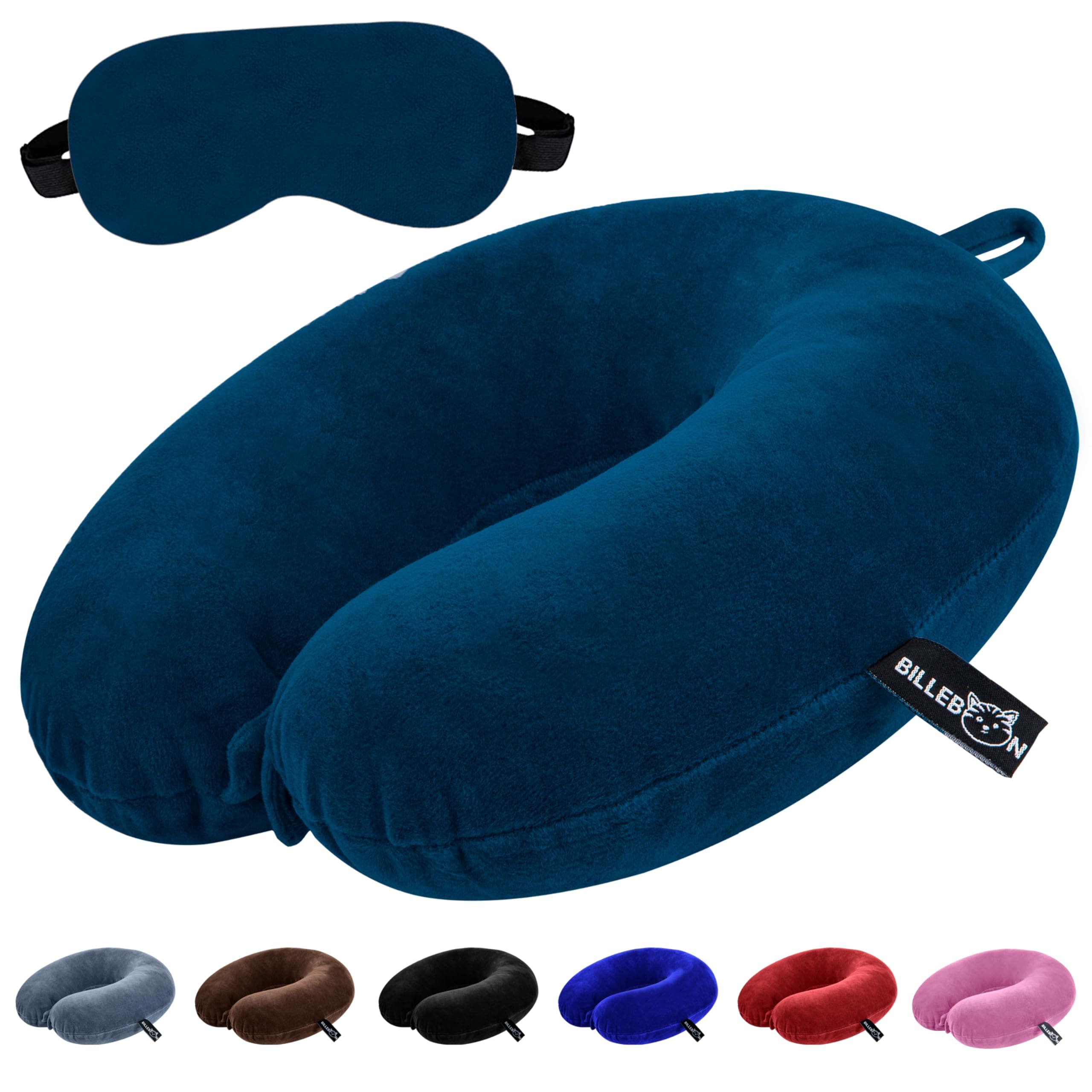 Billebon Premium Neck Pillow for Travelling Airplane Travel Pillow Comfortable Head Rest Neck Holder Pillow (Navy Blue with Eye Mask)