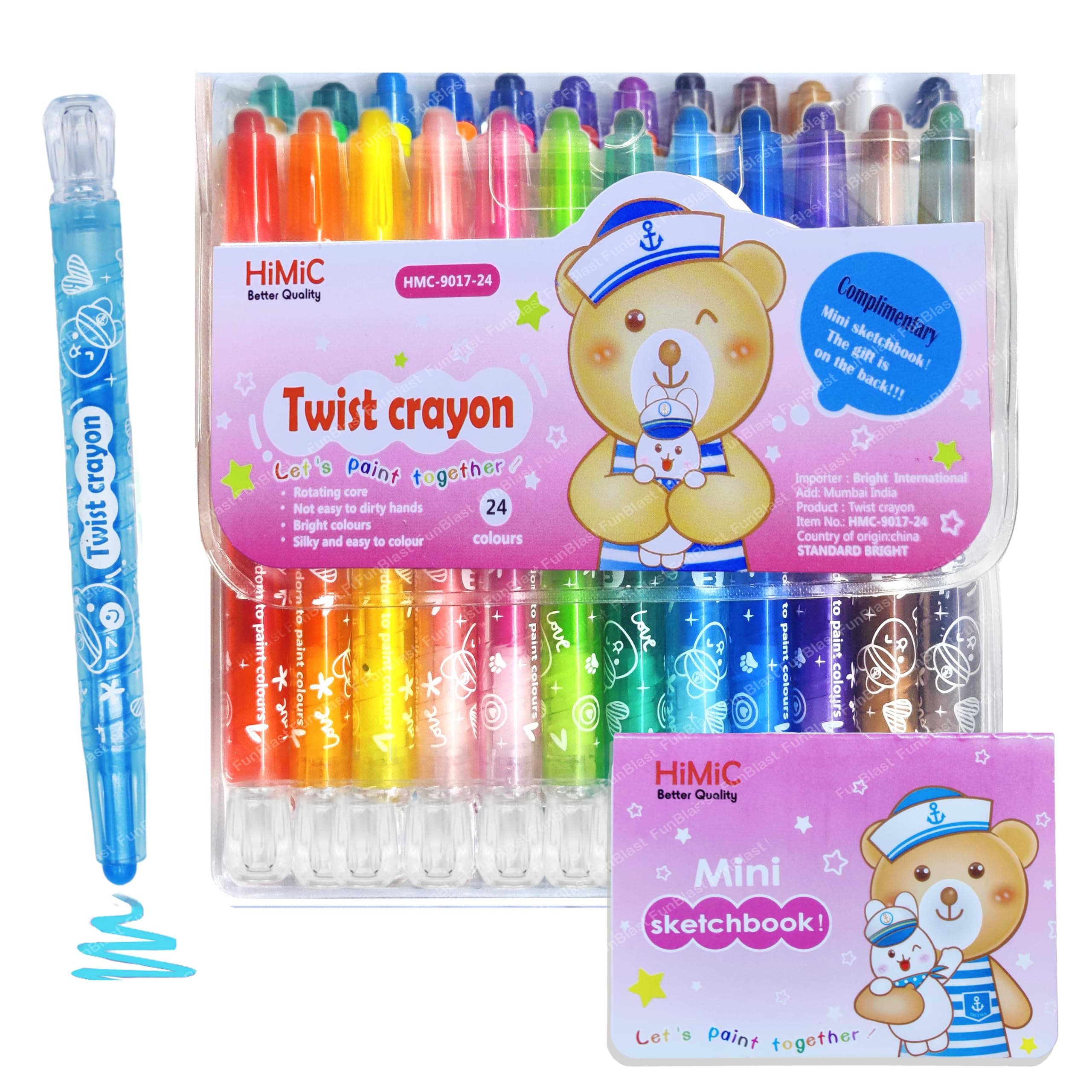 FunBlast Twist Crayons for Kids - 24 Pcs Crayon Set for Kids, Coloring Kit, Crayon for Drawing and Painting, Art and Craft Kit, Birthday Return Gifts (24 Pcs), Ink Color-Multicolor