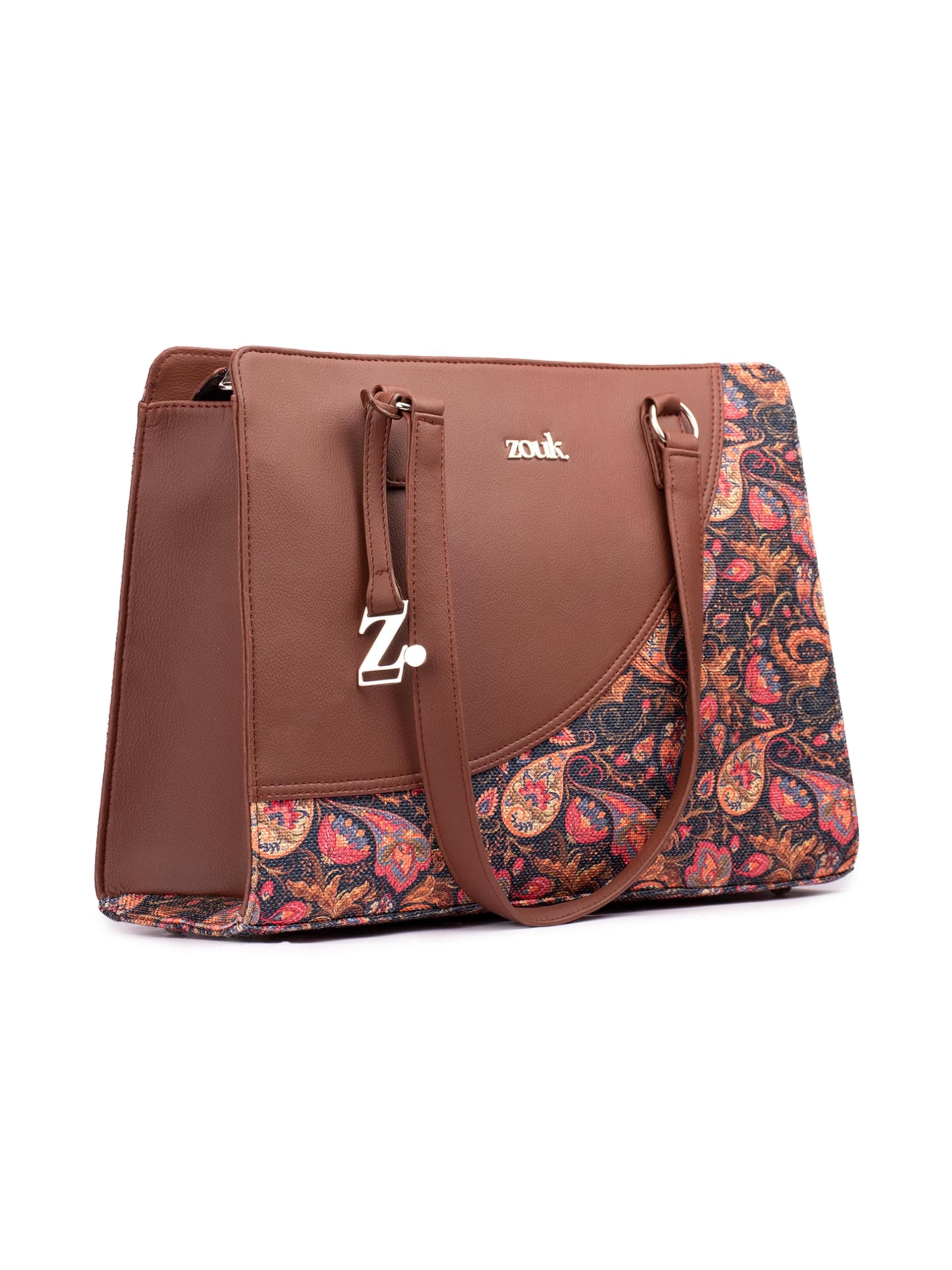 ZOUK Office Essential Bag | Jute | Vegan Leather Handcrafted Tote Bag With Double Handle Shoulder Strap | Paisley Print