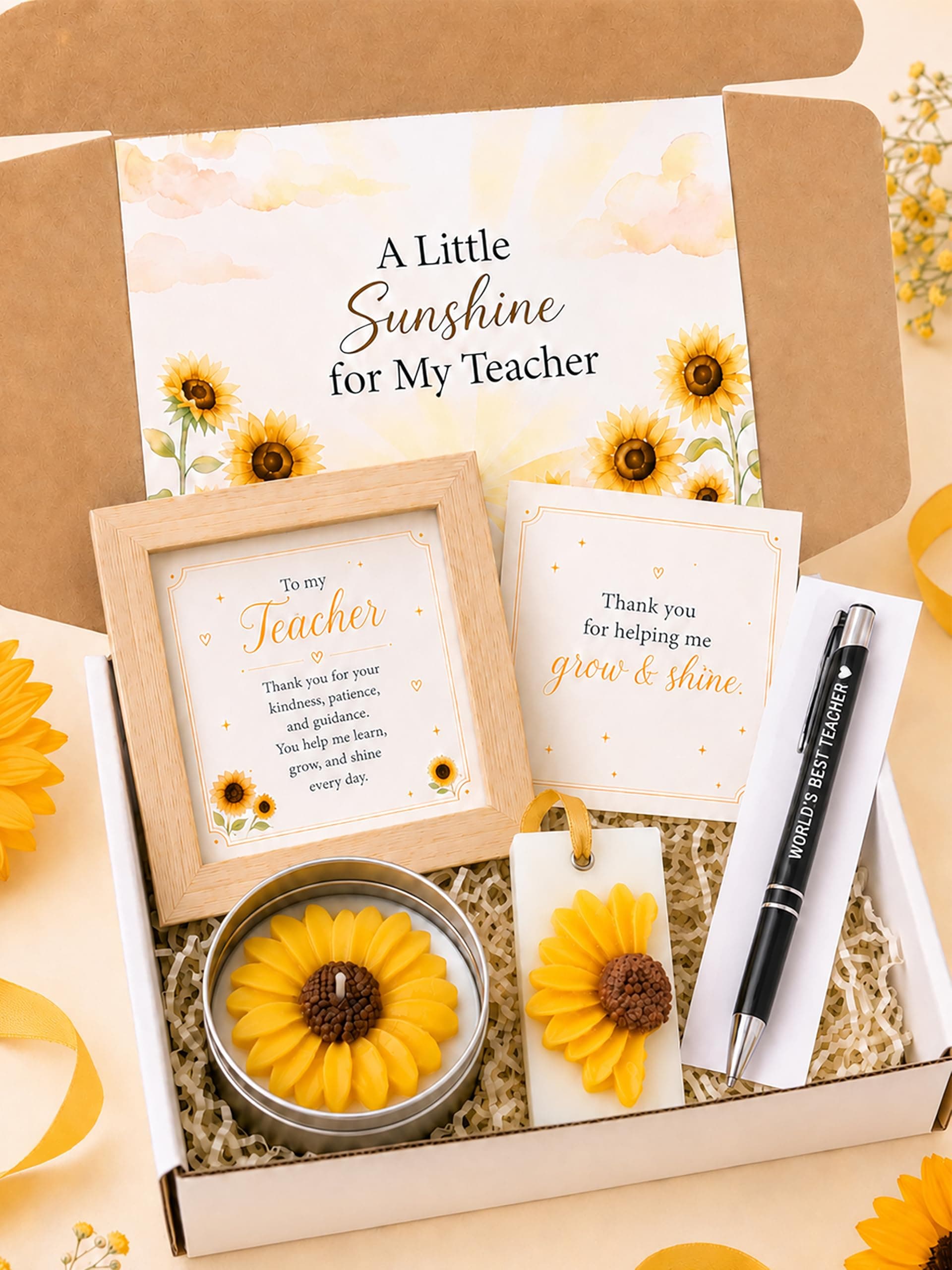 Teachers Day Gift Hamper | Scented Candle, Wooden Frame, Wax Sachet, Pen & Greeting Card | Thank You Gift Set for Best Teacher, Birthday & End of School Year
