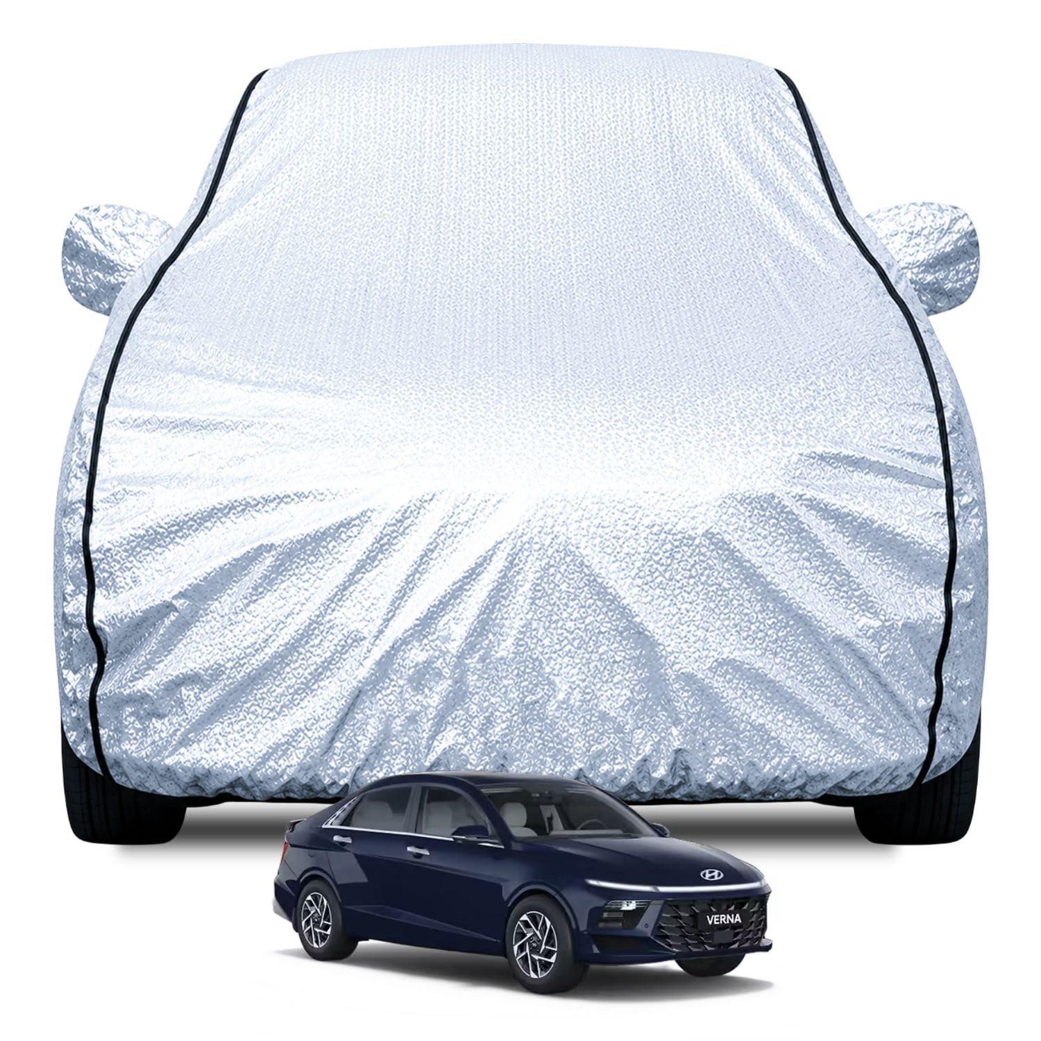 FABTEC Waterproof Car Body Cover for Hyundai Verna (2017-2022) with Mirror Pocket, Soft Cotton Lining, Triple Stitched (Heat Resistant Metallic Silver with Black Piping)