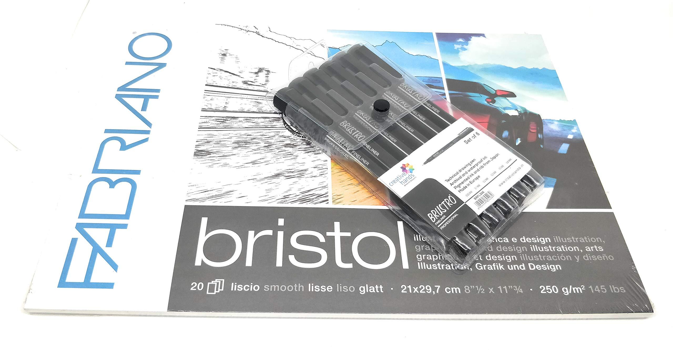 BRUSTRO Combo Professional Pigment Based Fineliner Black Archival Waterproof UV Resistant Ink with Bristol Glued Block A4, 20 Sheets-Set of 6