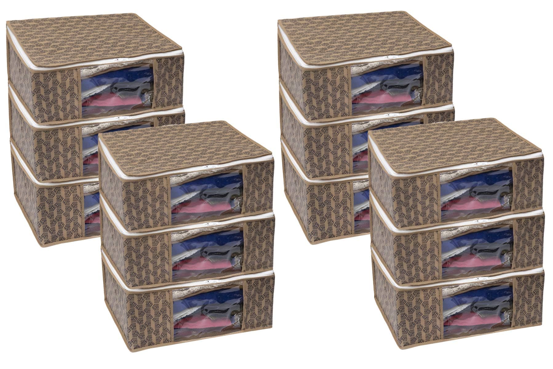 Homestrap Set of 12 Non-Woven Printed Saree Cover/Cloth Storage/Organizer with Transparent Window (Beige)(Featured on Shark Tank)