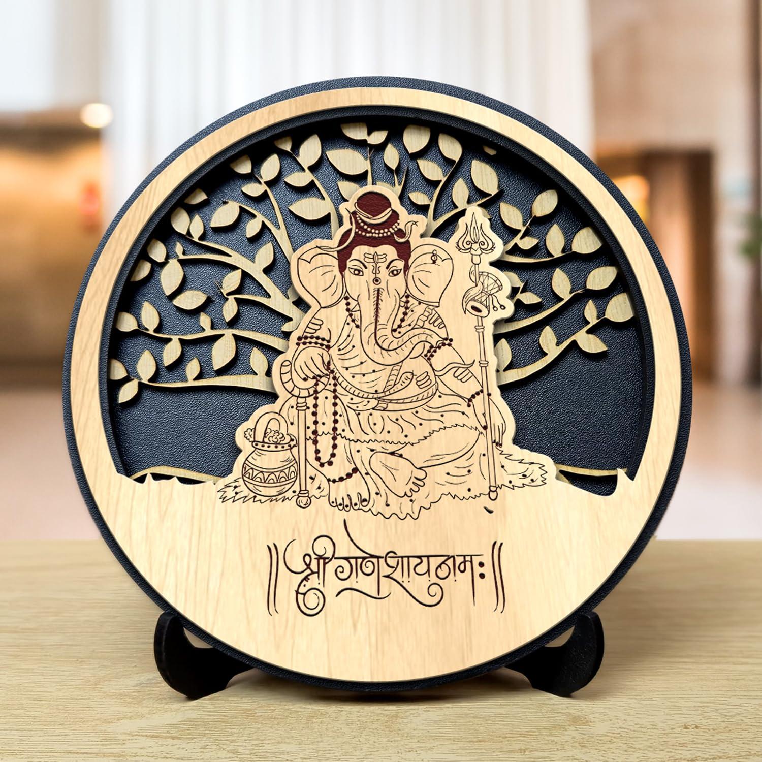 VPRINT QUALITY Ganesh Idol for Car Dashboard (Wooden Engraved/Size 14.5 x 14.5 cm) Ganpati Bappa Murti Home Decor Gift Items Showpiece for Home, Living Room, Pooja Room, Mandir, Office