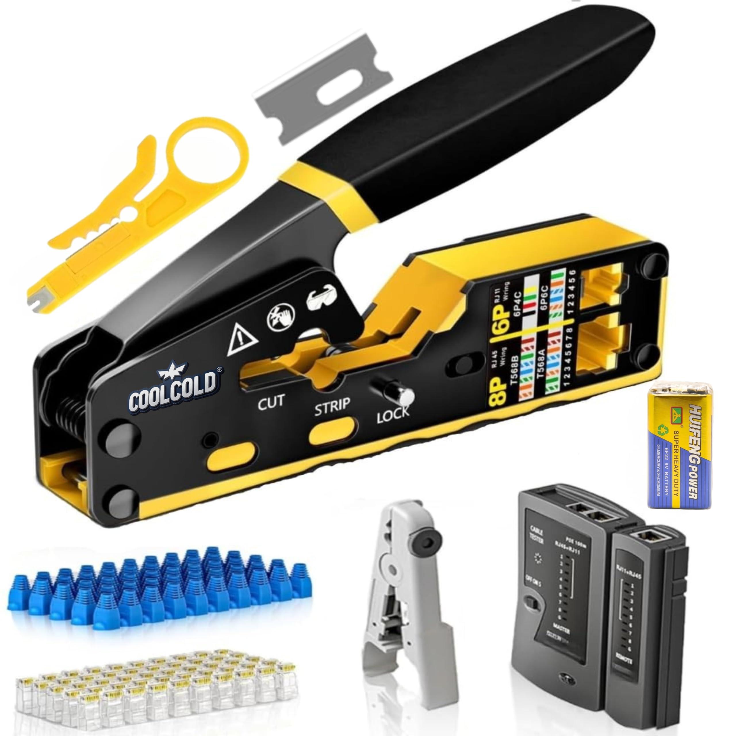 COOLCOLD RJ45 Crimping Tool Kit | Pass Through Ethernet Crimper with 1 Extra Blade for Cat7, Cat6, Cat5 | Network Cable Crimping Tool with 20PCS Cat6 Connectors + 20PCS Boots | RJ11 RJ45 Cable Tester