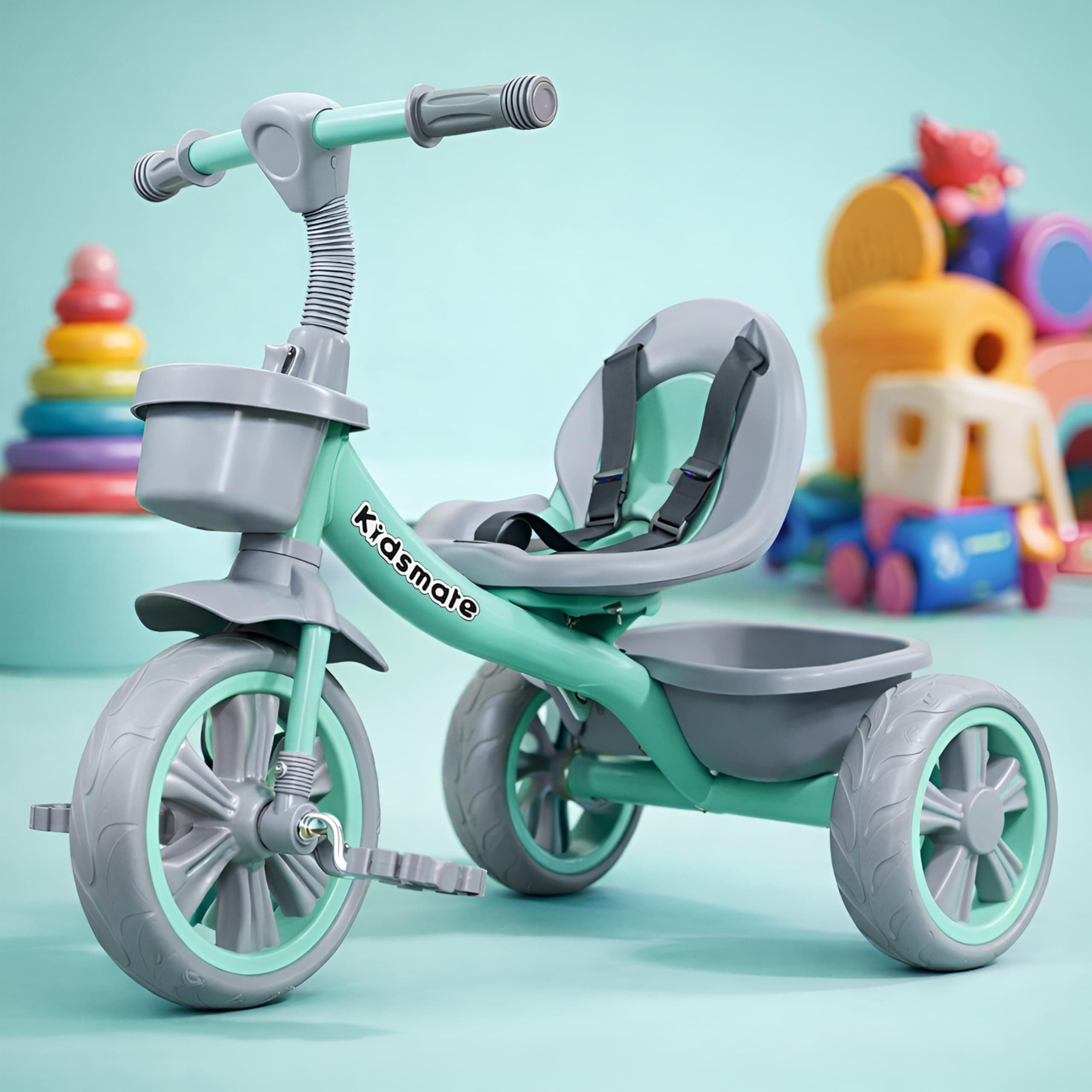 Kidsmate Starlight Premium Tricycle for Kids 2 to 5 yrs | Trikes for Boys & Girls | Baby Cycle with Eva Wheels, Bell and Toy Basket | Safe & Stylish Ride-On Bike | Max User Weight 30kg - Sea Green
