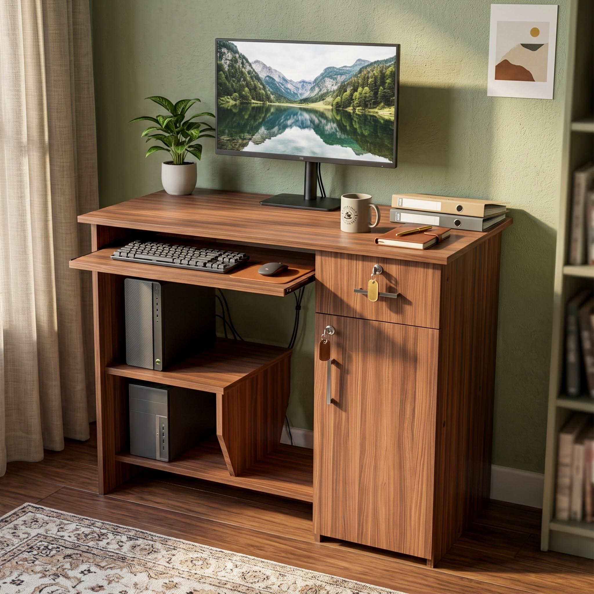 NEUDOT Relish Engineered Wood Study Table | Laptop Desk with Drawer & Open Storage Shelves | Study & Office Table for Home | Compact Work from Home Writing Desk