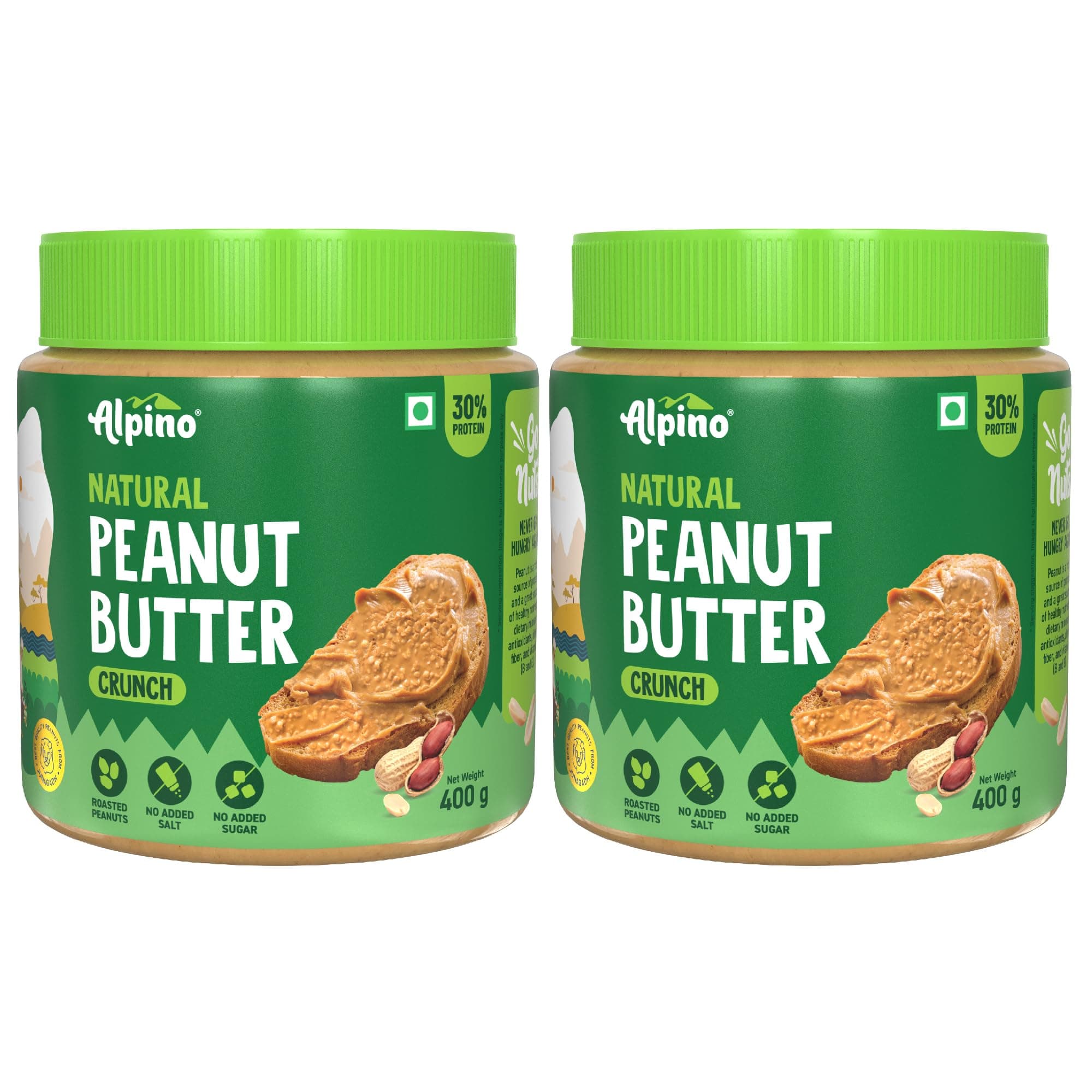 ALPINO Natural Peanut Butter Crunch Unsweetened 800g (Pack of 2) 100% Roasted Peanuts - 30g Protein, No Added Sugar & Salt, Gluten Free – Plant Based