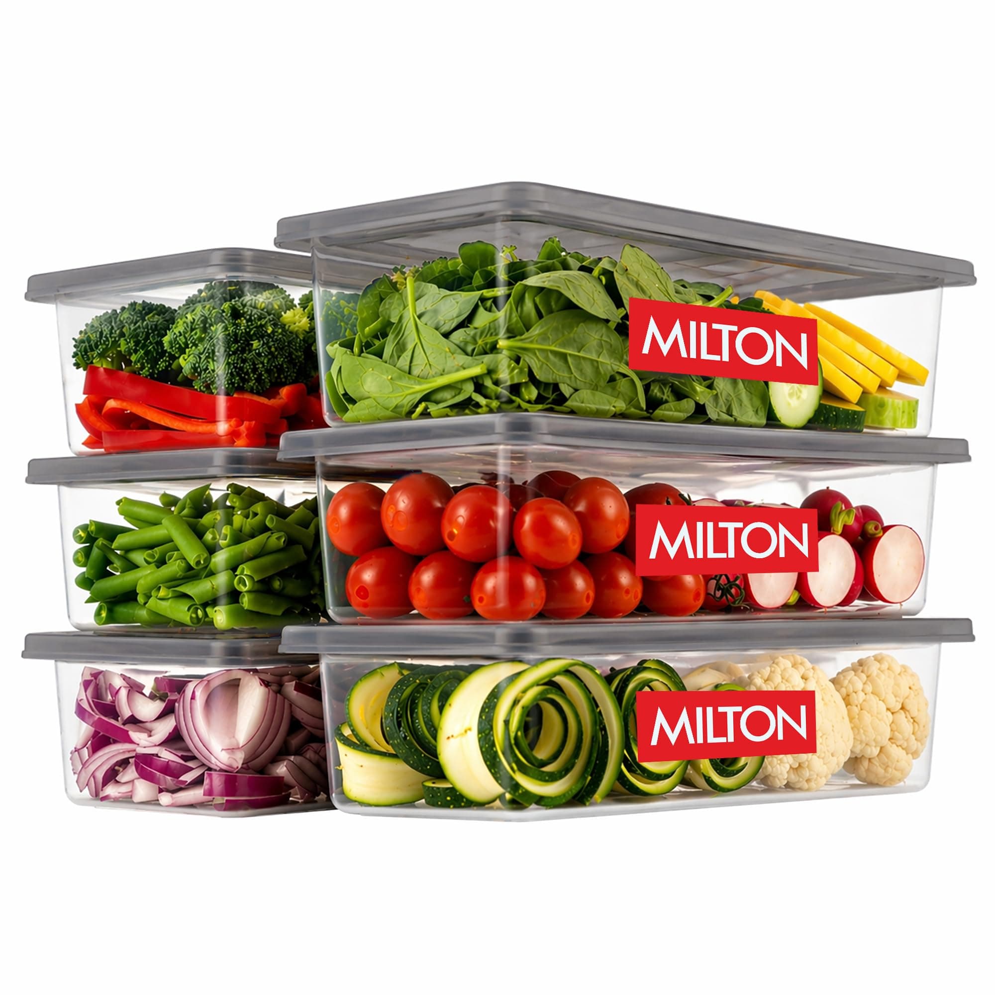 MILTON Cryo Fridge Storage Boxes Set of 6 Fridge Organizer Container with Waterproof Vinyl Stickers & Removable Drain Plate, Lid|Stackable Box, Plastic Containers 1500 ml|Fish, Vegetables, Fruits|Grey