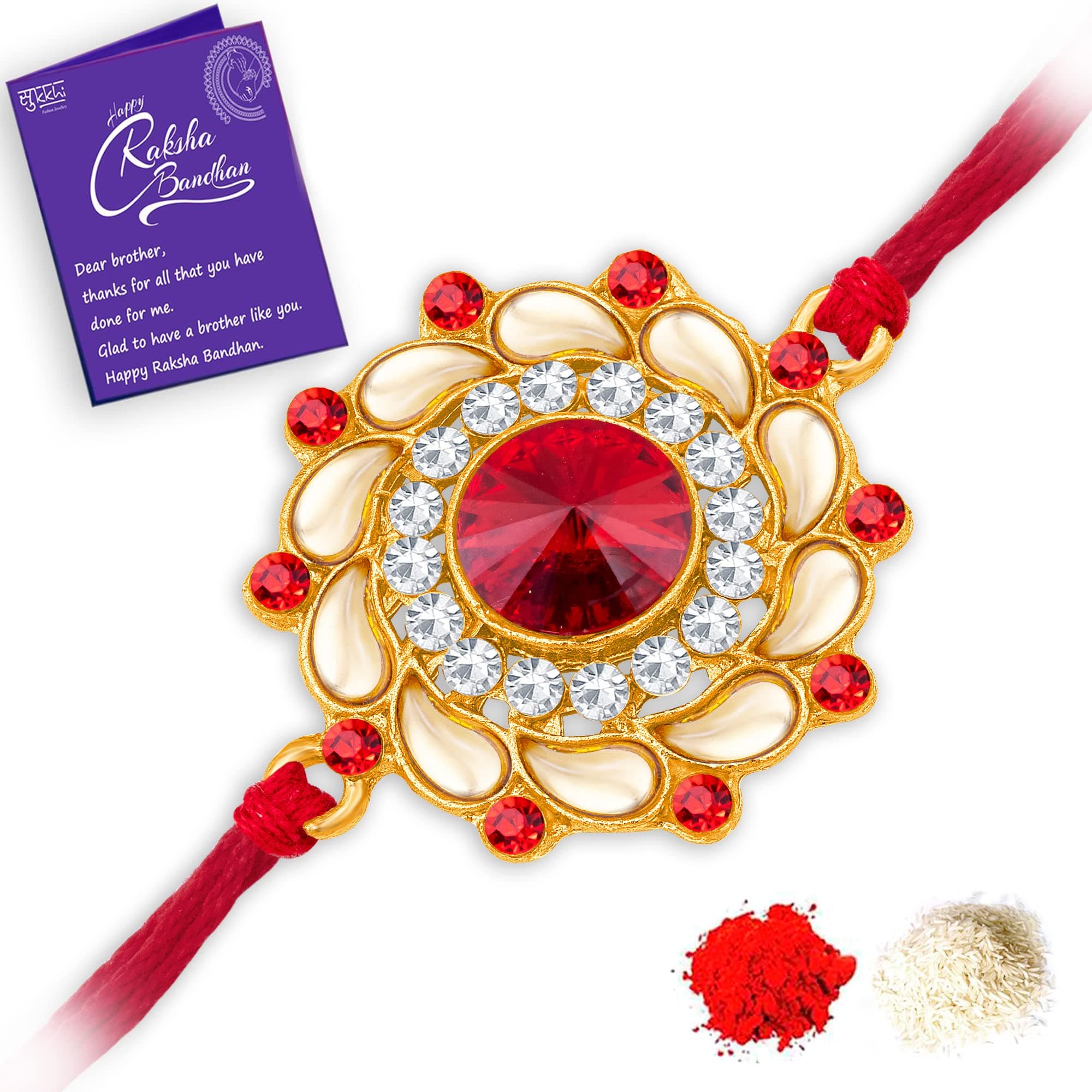 Sukkhi Mens Rakhi for Brother Luminous Kundan Designer Gold Plated with Roli Chawal & Greeting Card|RAK104511