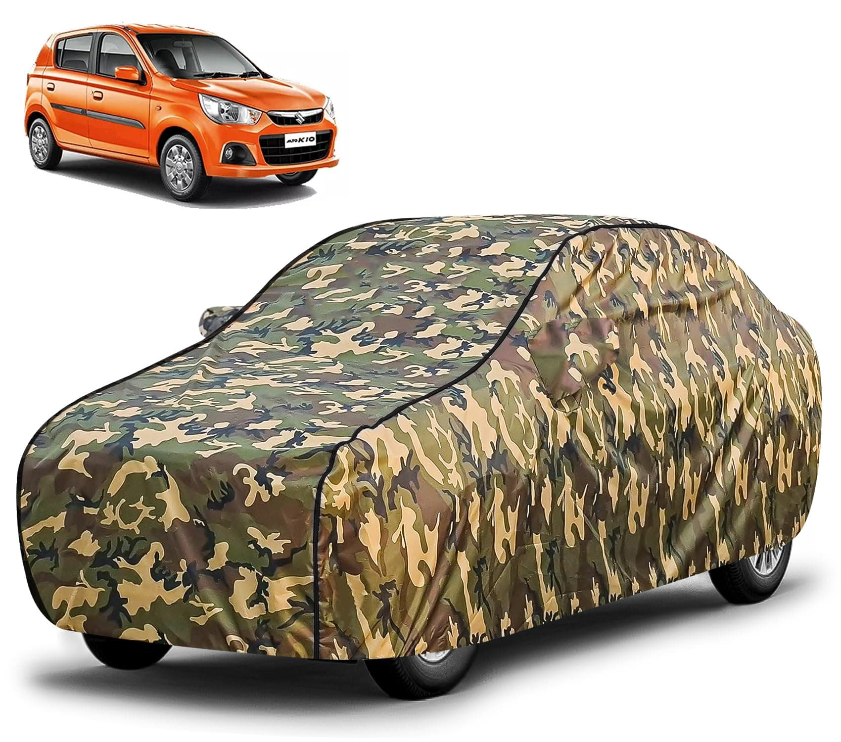 FABTEC Waterproof Car Body Cover for Maruti Alto k10 with Mirror Pocket, Triple Stitched (Military, Jungle Print, Camouflage Design)