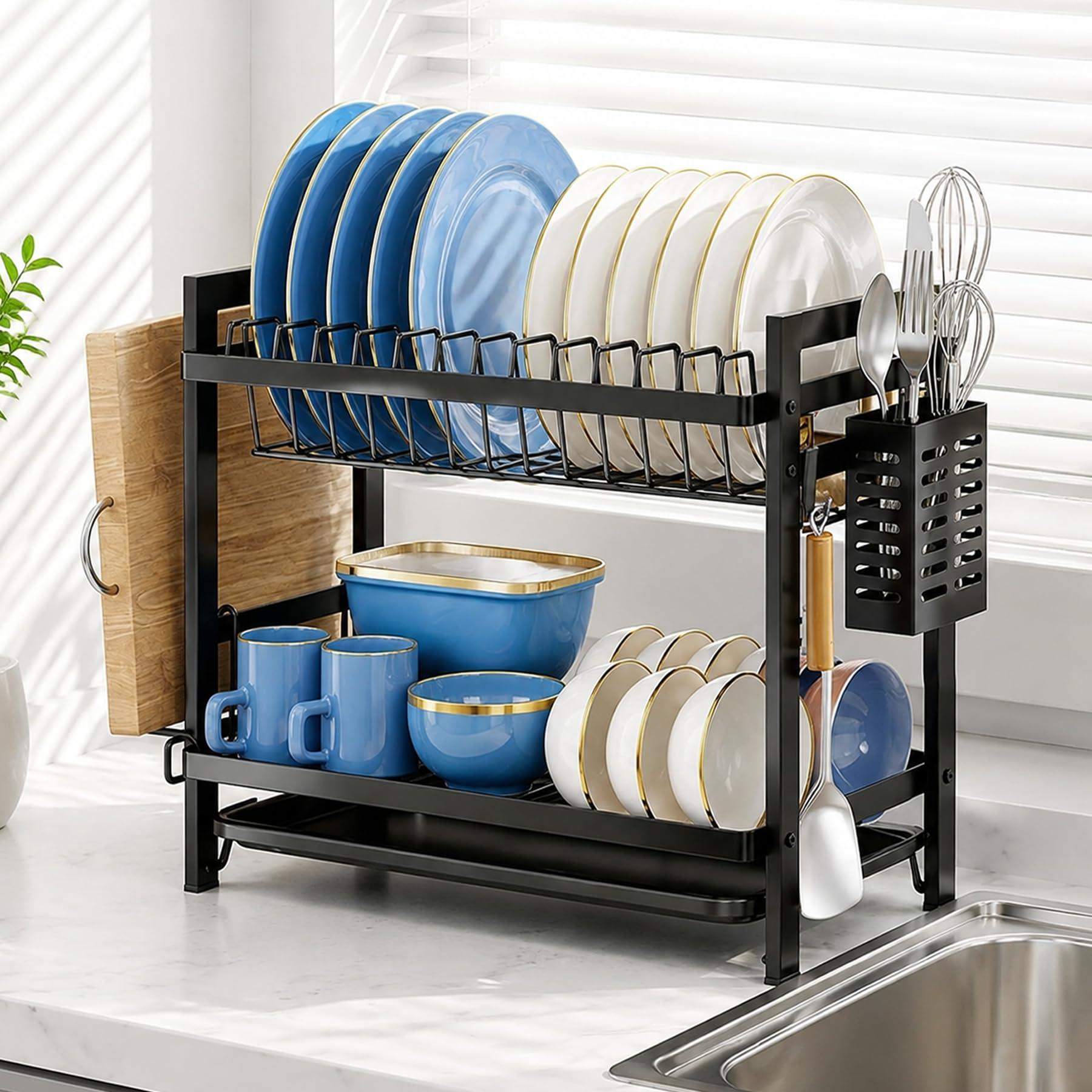 COMFYHOME Kitchen Dish Rack with Drainer Tray, Two Tier Carbon Steel Utensils Drying Rack, Saving Countertop Organizer, Plate Stand & Dish Stand, Suitable for Plates, Cutlery, Bowls (44 x 24 x 34 cm)