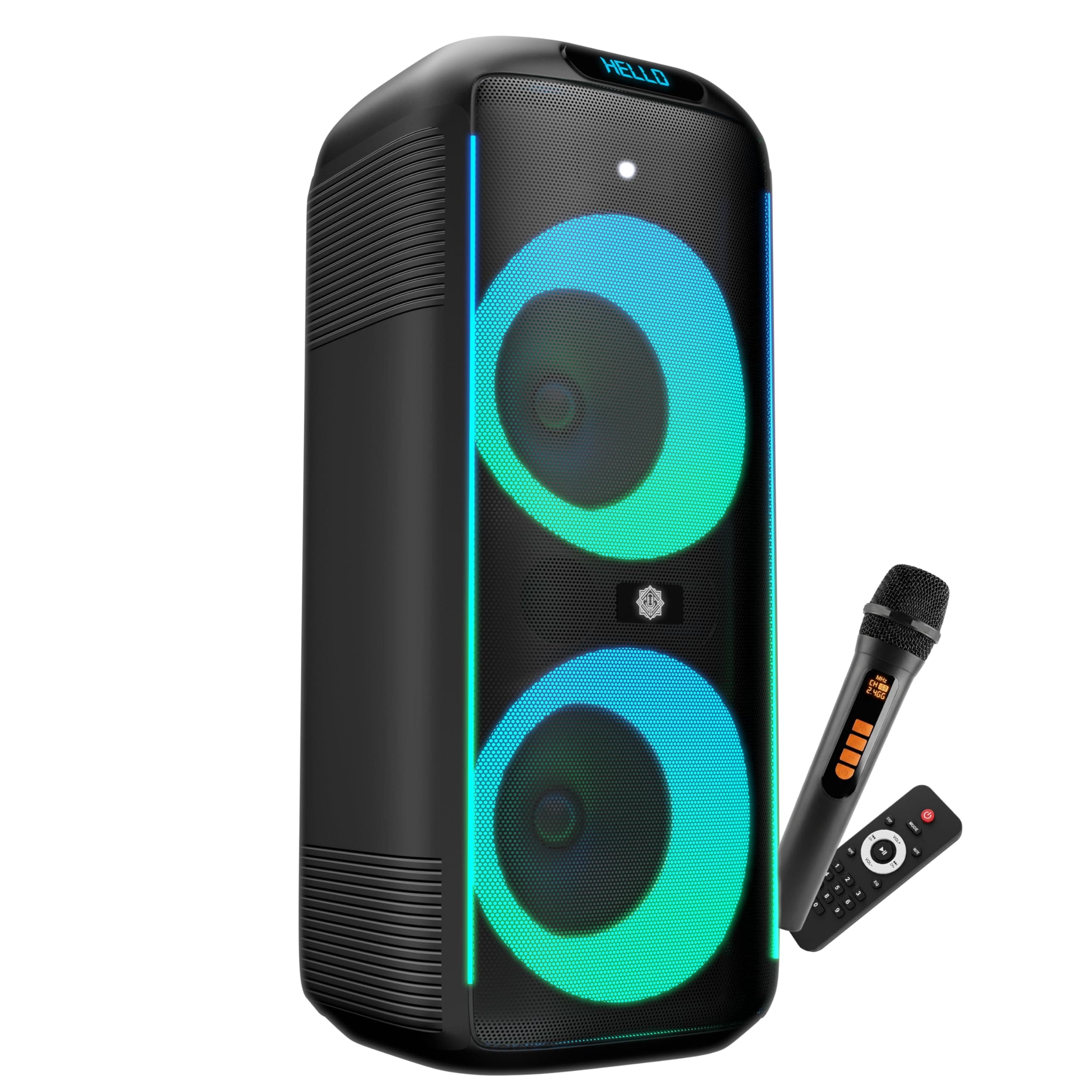 DIGIMORE 160W PartyBox Speaker w/Wireless Mic | Dual 6.5" Boombox Speakers | AI Sound Boost & Deep Base Sound | RGB Lights, 10Hrs Battery & BT 5.3/USB/TF/AUX for Parties & Gatherings (D-1362 Pro)