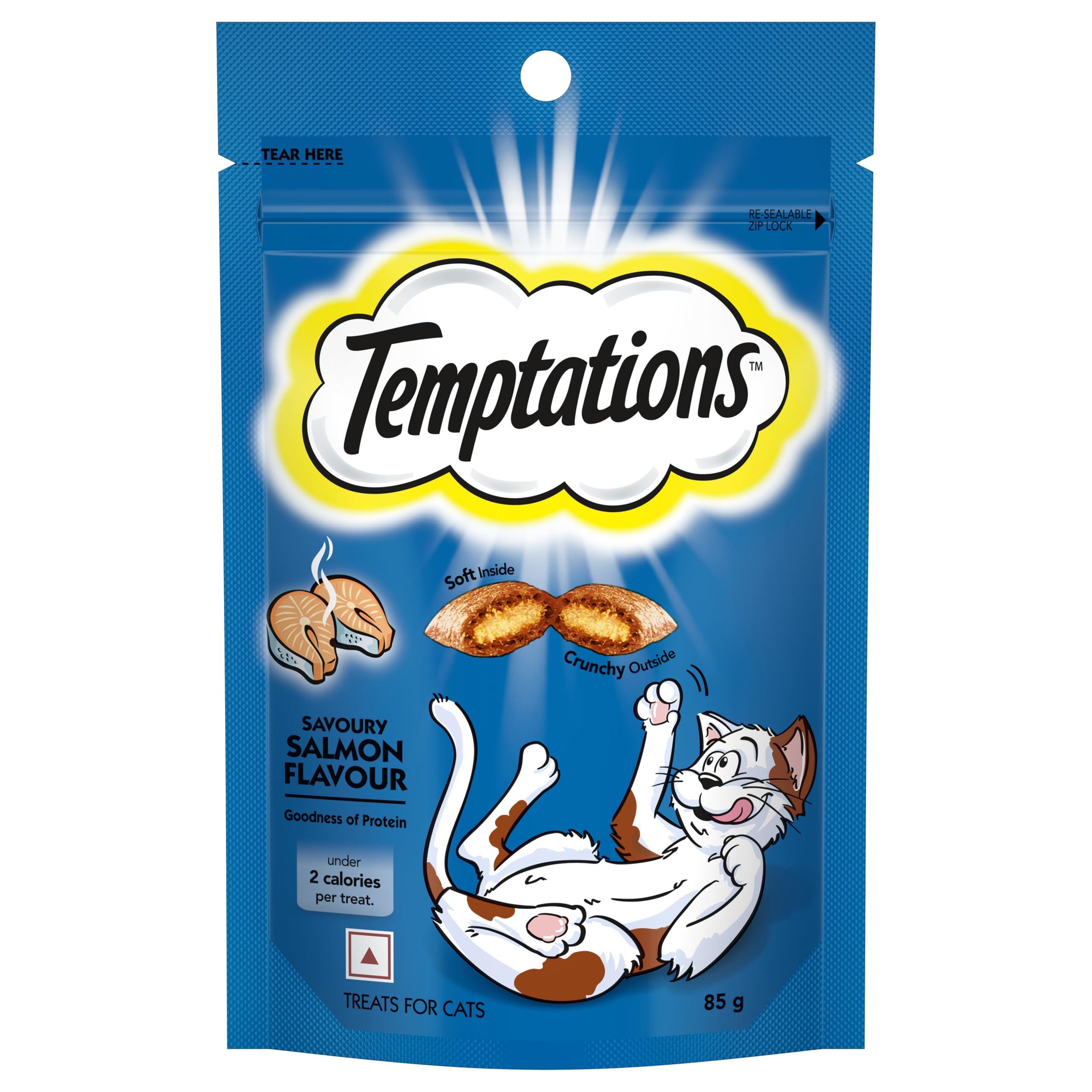 Temptations Crunchy Cat Treats, Savoury Salmon Flavour, 85 g, Goodness of Protein, Vitamins & Minerals, Soft Inside Crunchy Outside