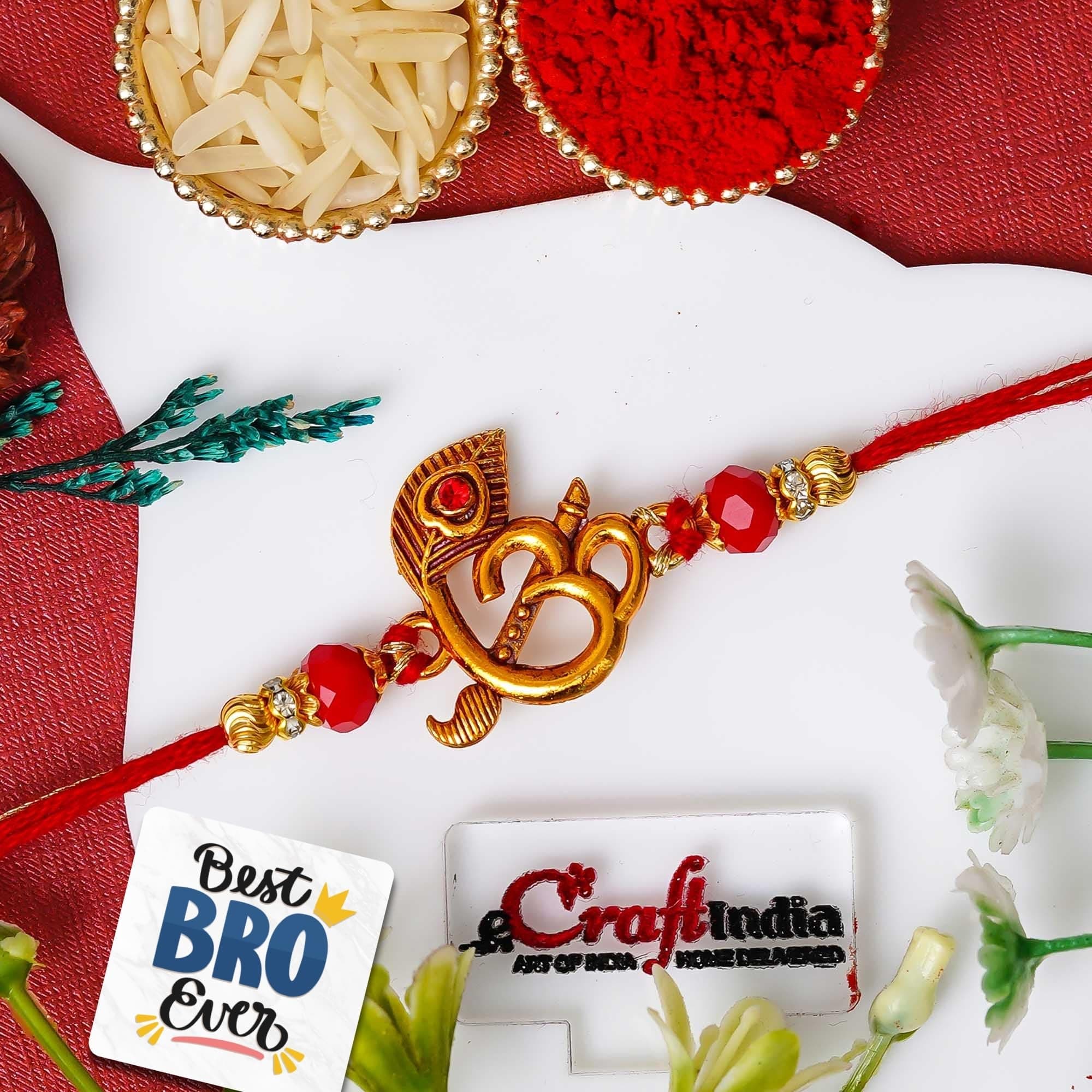 eCraftIndia Peacock Feather Flute Om Rakhi for Brother with Gift Combo Set Hamper | Raksha Bandhan Rakhi for Bhai Bhaiya | Best Bro Ever Fridge Magnet | Roli Chawal Pack