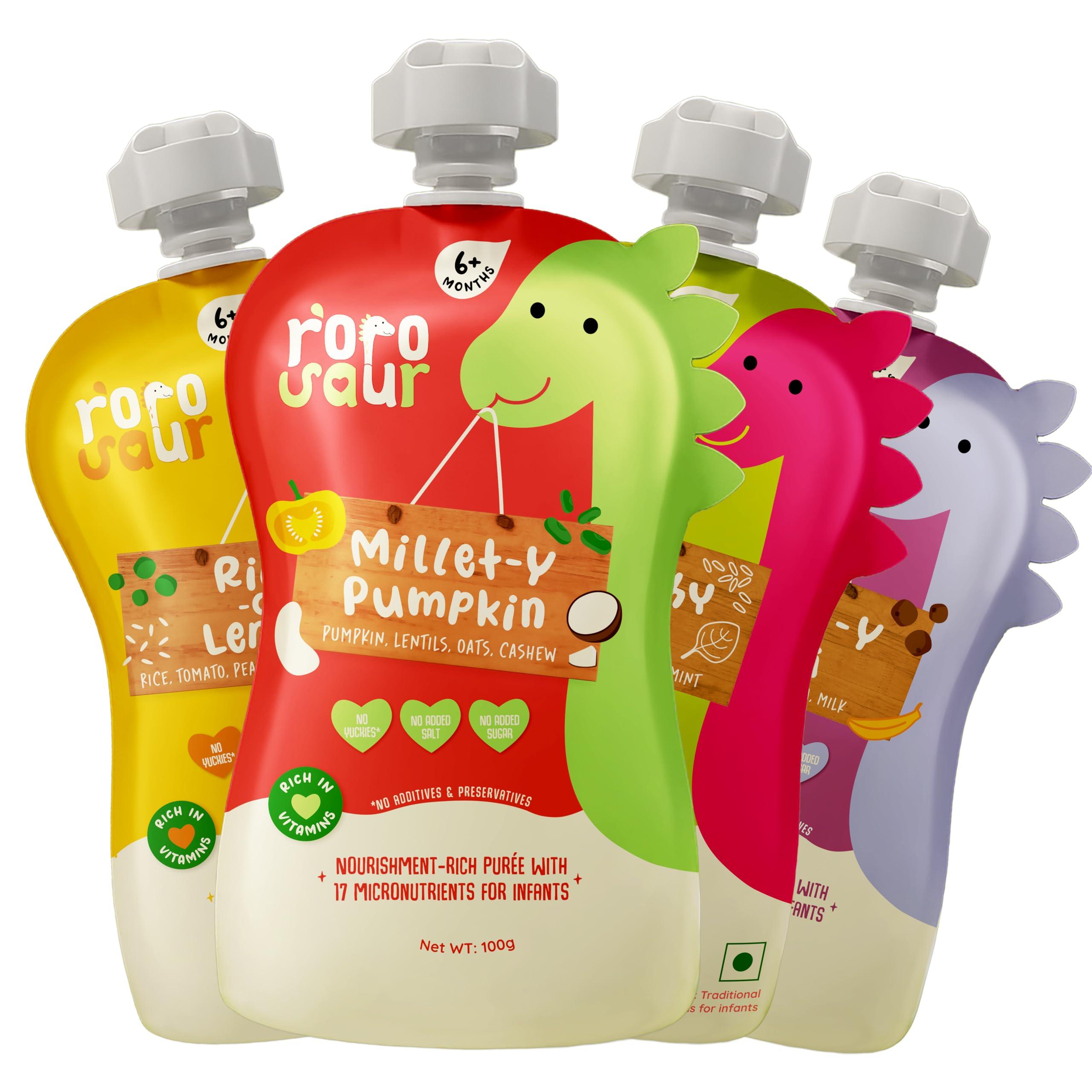 Rorosaur Baby Food Puree Pouch Combo for 6+ Months | Ready to Eat Grain based Porridge made with Rice, Millets & Dals | Easy to Digest, 100% Natural Healthy, No Preservatives, No Sugar |100g each, Pk of 4