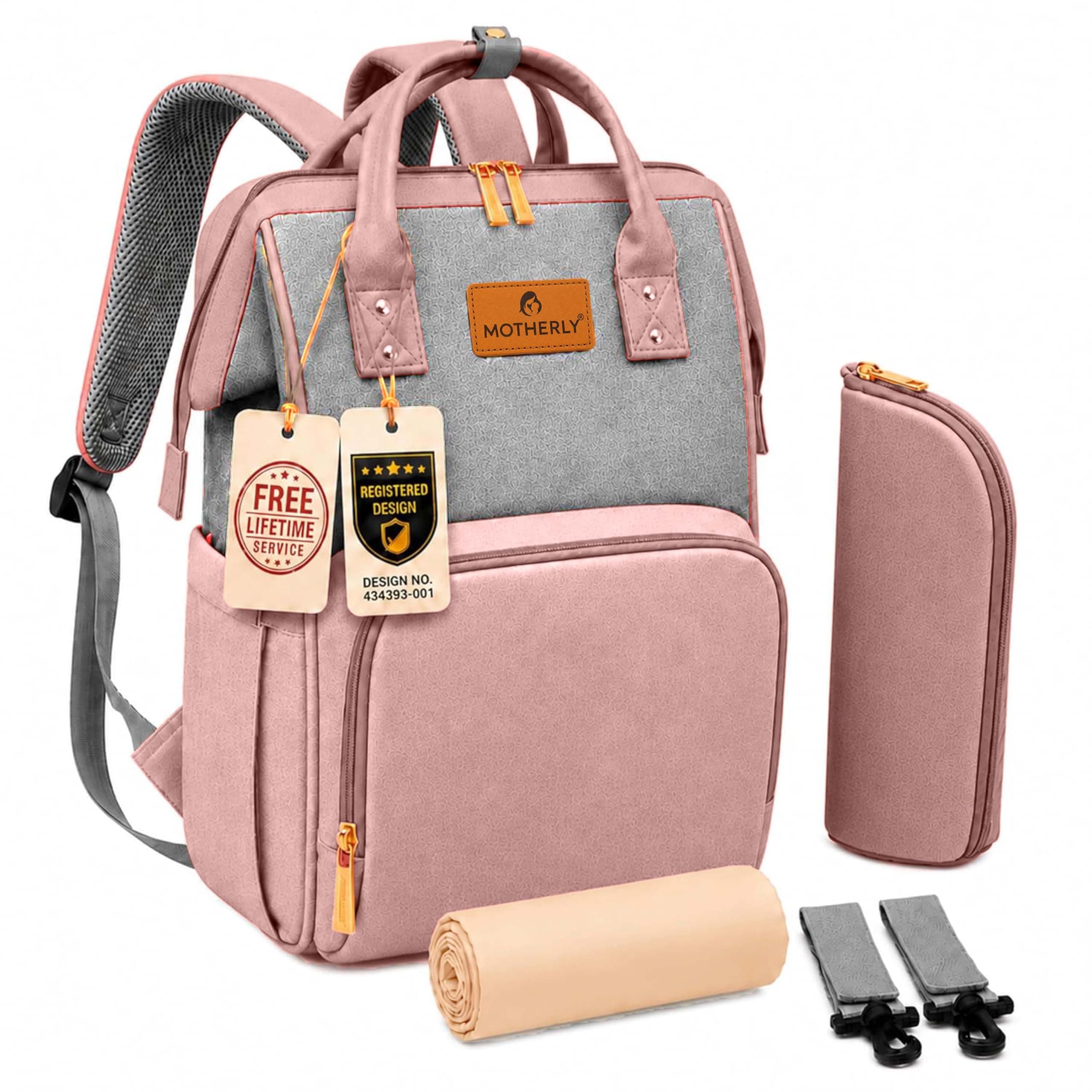 Motherly Crown Combo Melange Fabric Diaper Bag for Mothers for Travel With Warranty | Spacious Diaper Bags for Mom | baby bag for mother travel | Maternity Bags for Mother and Baby - Pink and Grey