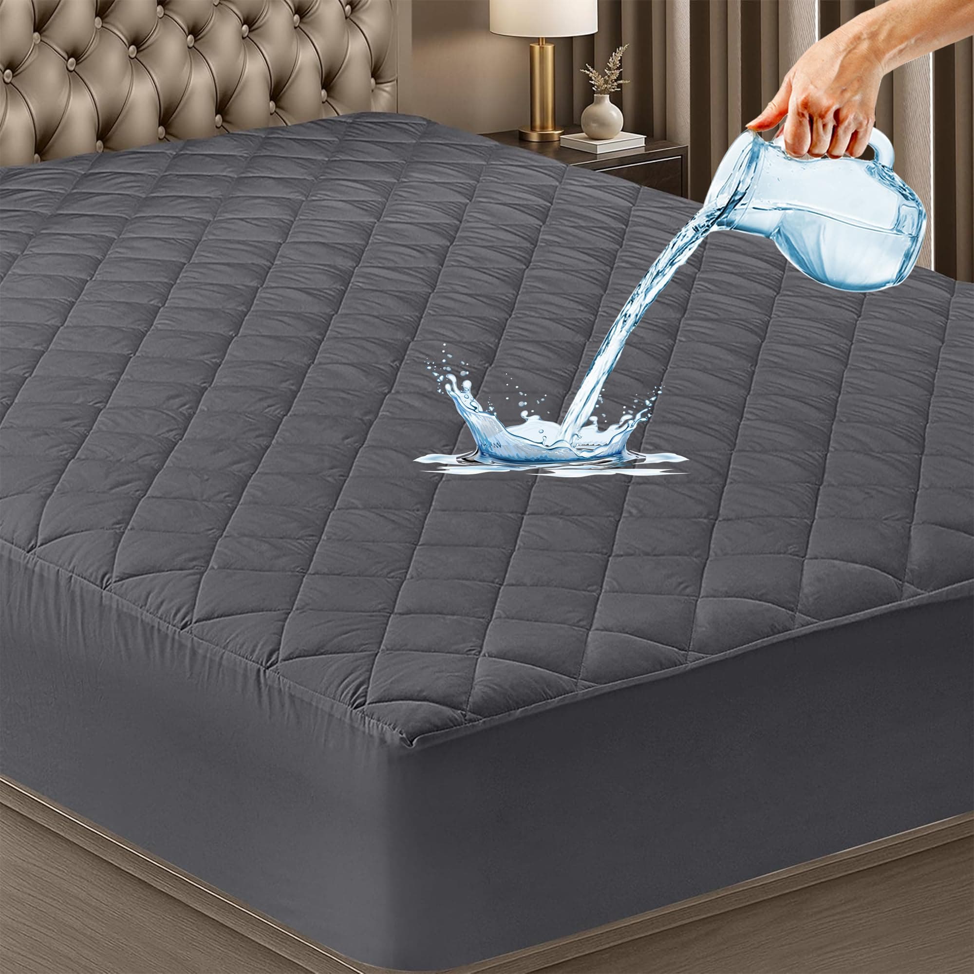 GADDA CO Waterproof Cotton Quilted Mattress Protector Queen Size (72x60 Inch | 6x5 Ft) | 100% Breathable Hypoallergenic Noiseless Ultra Soft Elastic Fitted Bed Protector | Washable Bed Cover - Grey