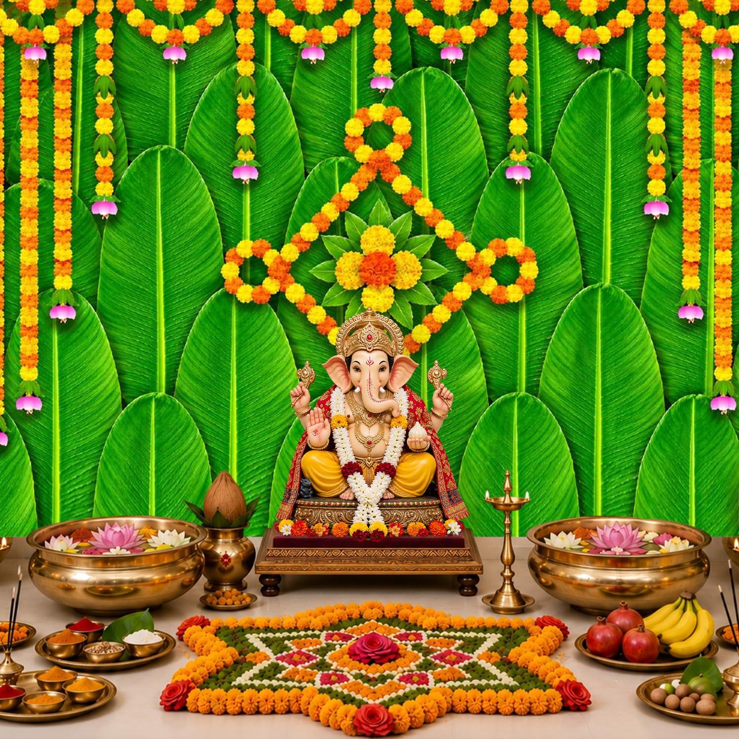 Party Propz Banana Leaf Backdrop for Pooja Decoration-2 Pcs, Ganpati Decoration Setup for Home, Pooja Background Decor, Annaprasana Backdrop, Varalakshmi Decorative Items.