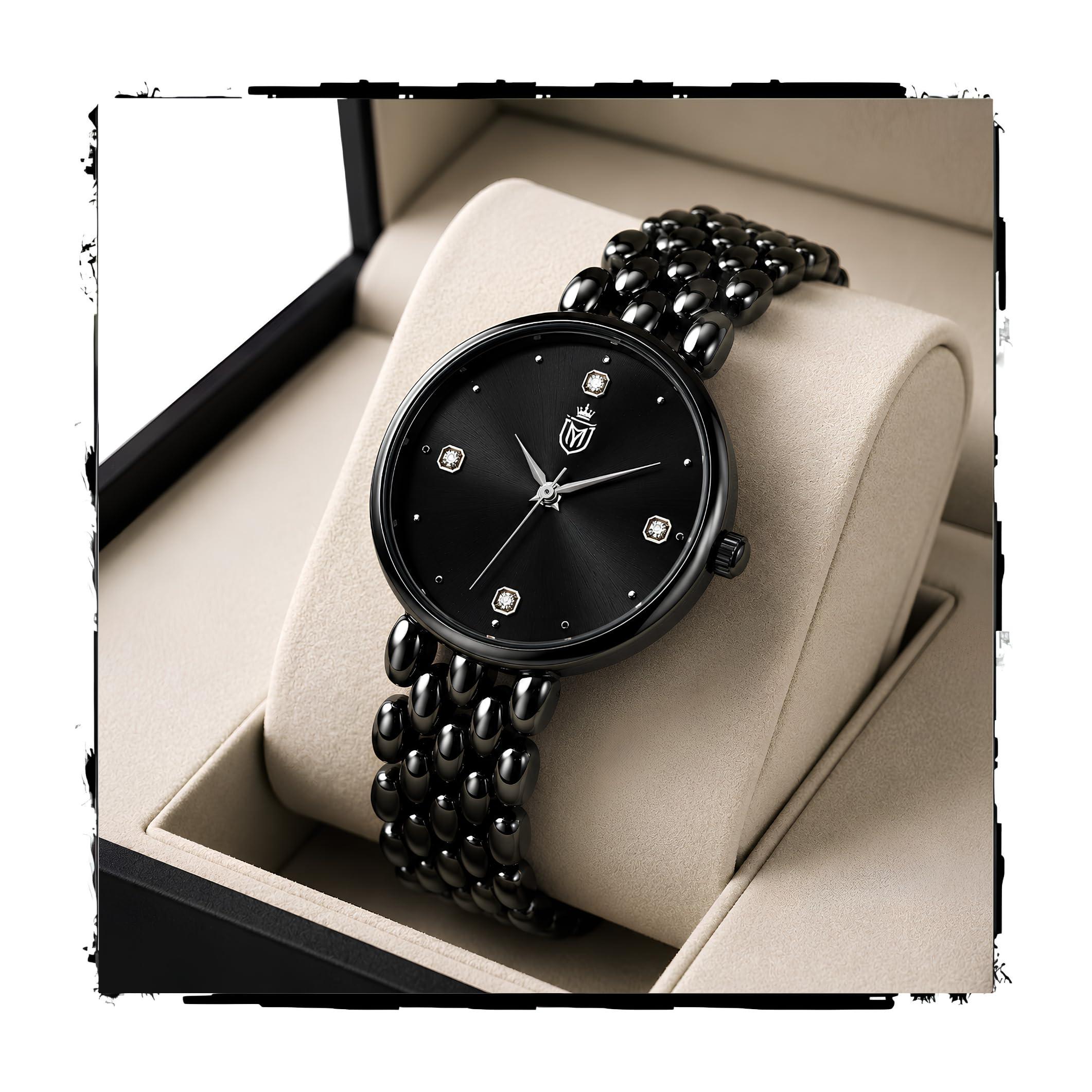 MOOVER Analog Watch for Women & Girls | Luxury Bracelet Style Ladies Wrist Watch | Crystal Dial with Premium Stainless Steel Chain Strap | Fashion Watch for Daily Wear, Party & Gift (Black)