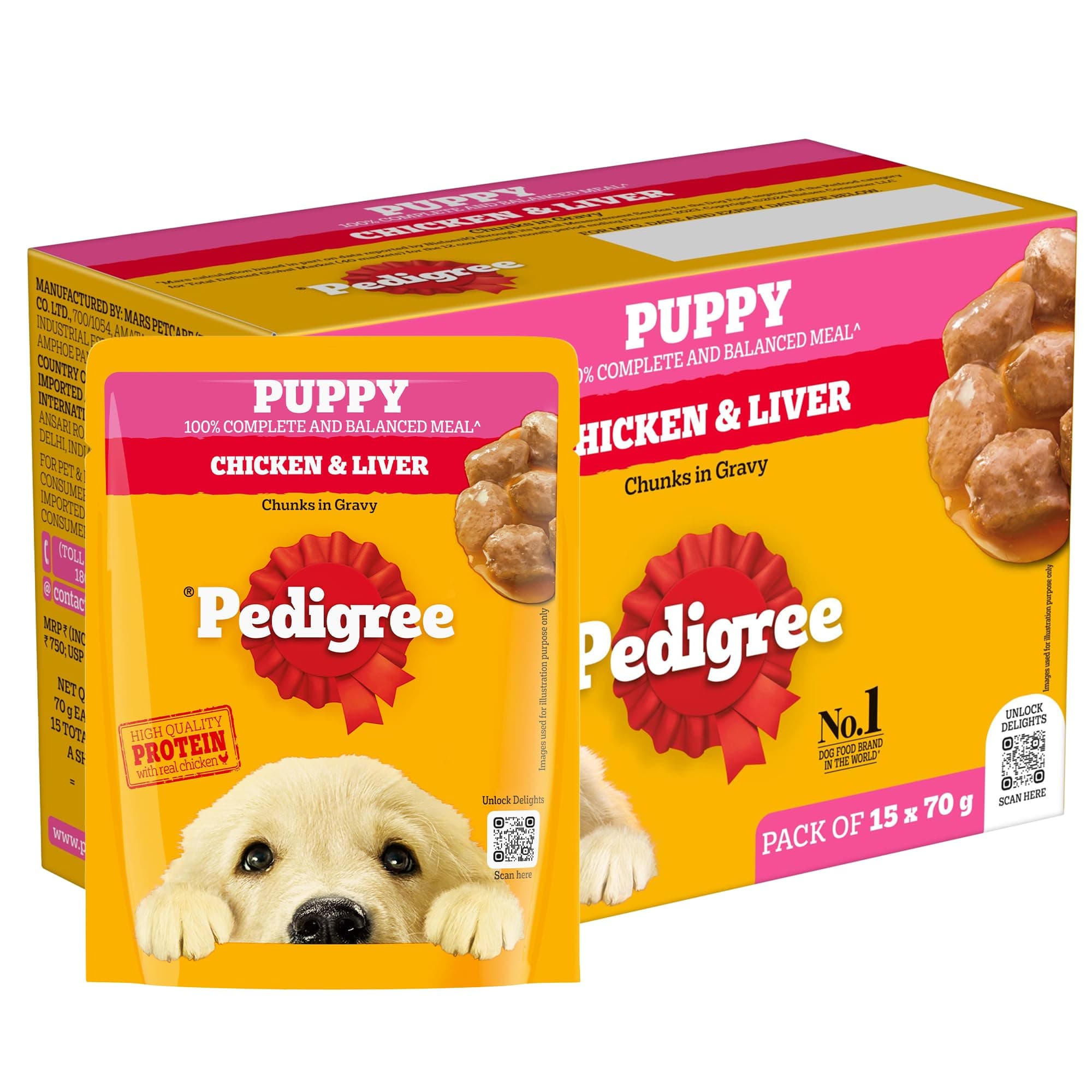 Pedigree Puppy Wet Dog Food Chicken & Liver Chunks in Gravy 70g X15