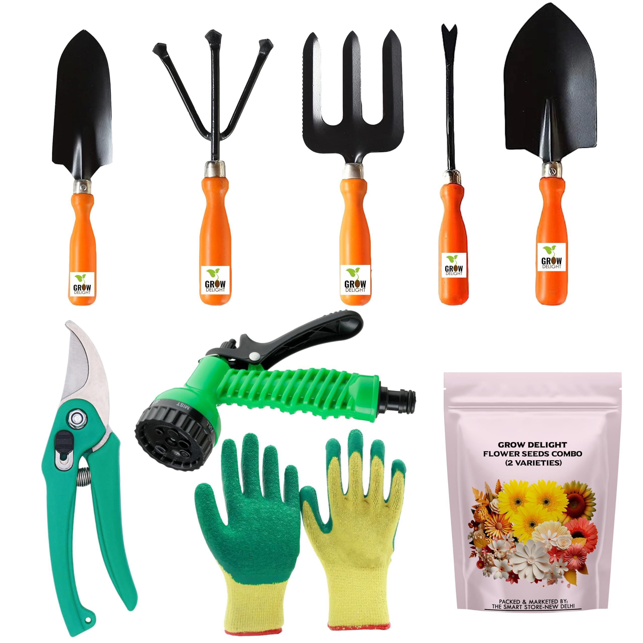 GROW DELIGHT Gardening Tools Kit-9 Pcs (Fork, Cultivator, Big Trowel, Small Trowel, Weeder, Garden Pruner, Gardening Gloves Green, Water Spray Gun, Flower Seeds Packet) | Durable Gardening Tools
