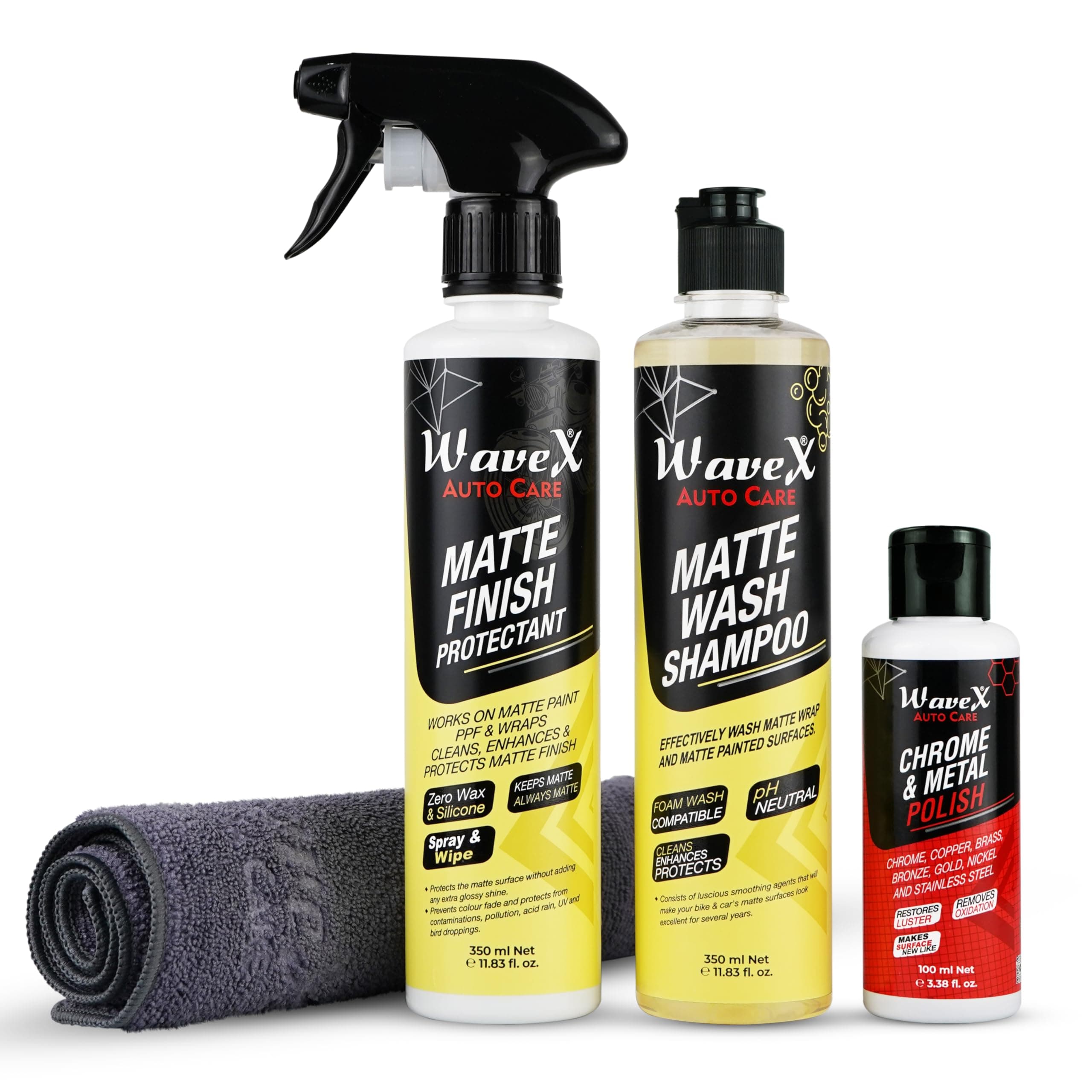 Wavex Matte Finish Maintainer 350ml Combo | Wash, Clean, Protect and Maintain Matte Bikes & Cars | Consists of Matte Wash Shampoo, Maintainer, Microfiber, Chrome & Metal Polish