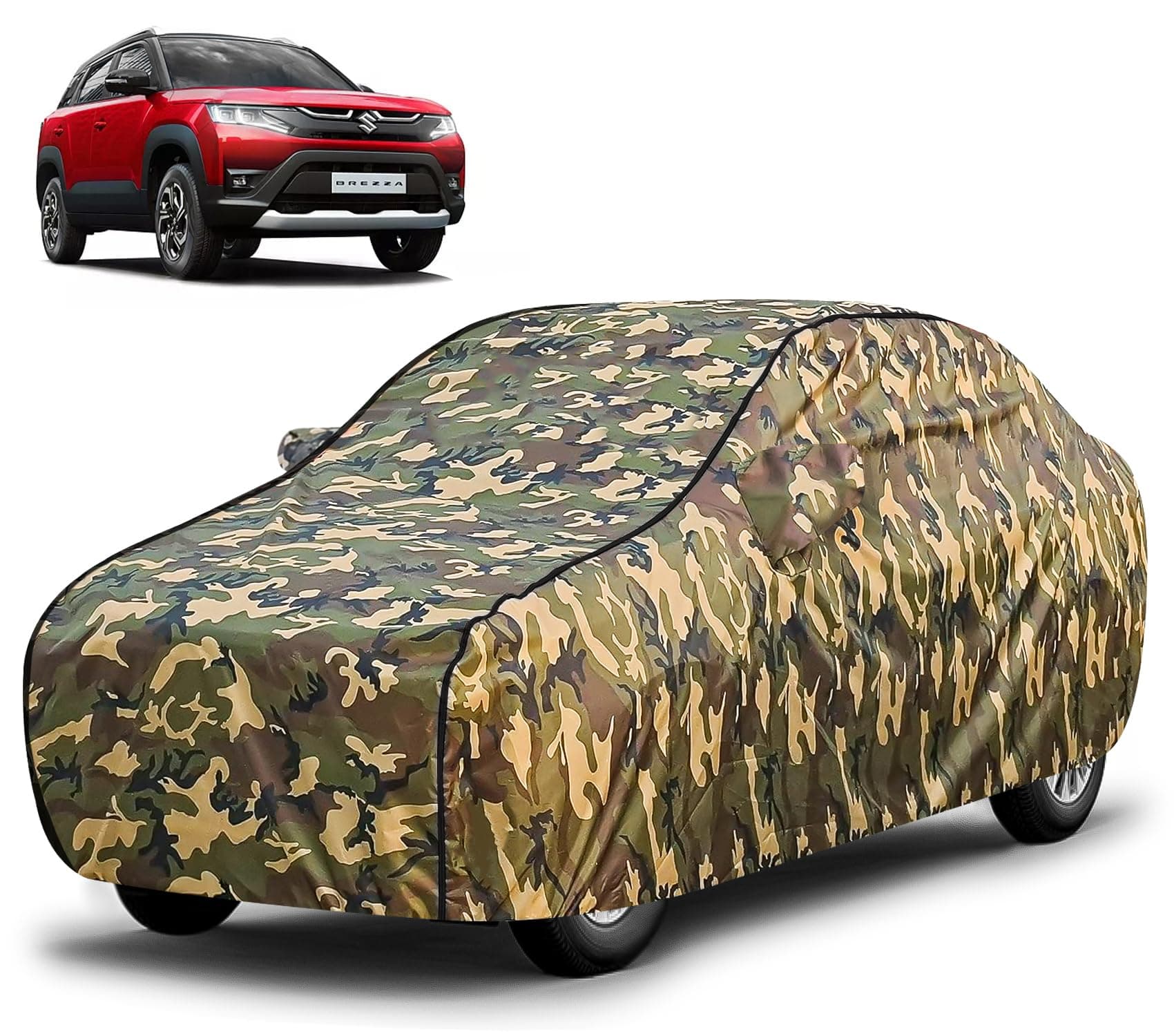 FABTEC Waterproof Car Body Cover for Maruti Brezza New with Mirror Pocket, Triple Stitched (Military, Jungle Print, Camouflage Design)
