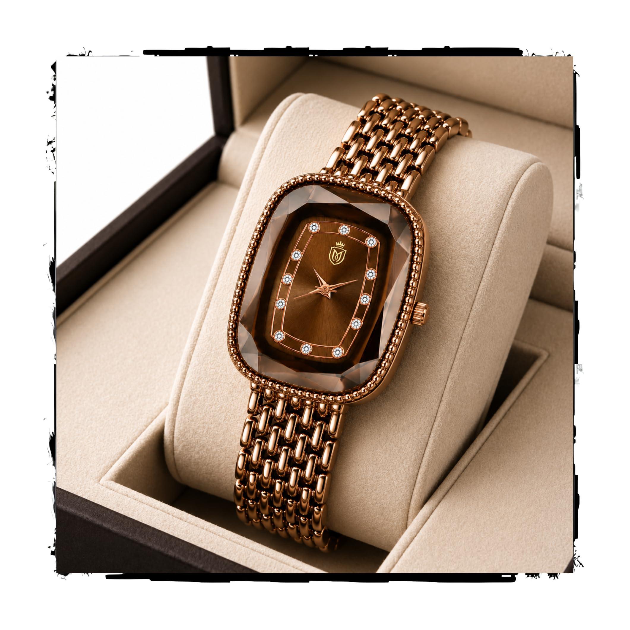 MOOVER Women Analog Watch with Brown Square Dial, Crystal Studded Bezel, Premium Metal Strap Stylish Fashion Wrist Watch for Girls & Women (Brown)
