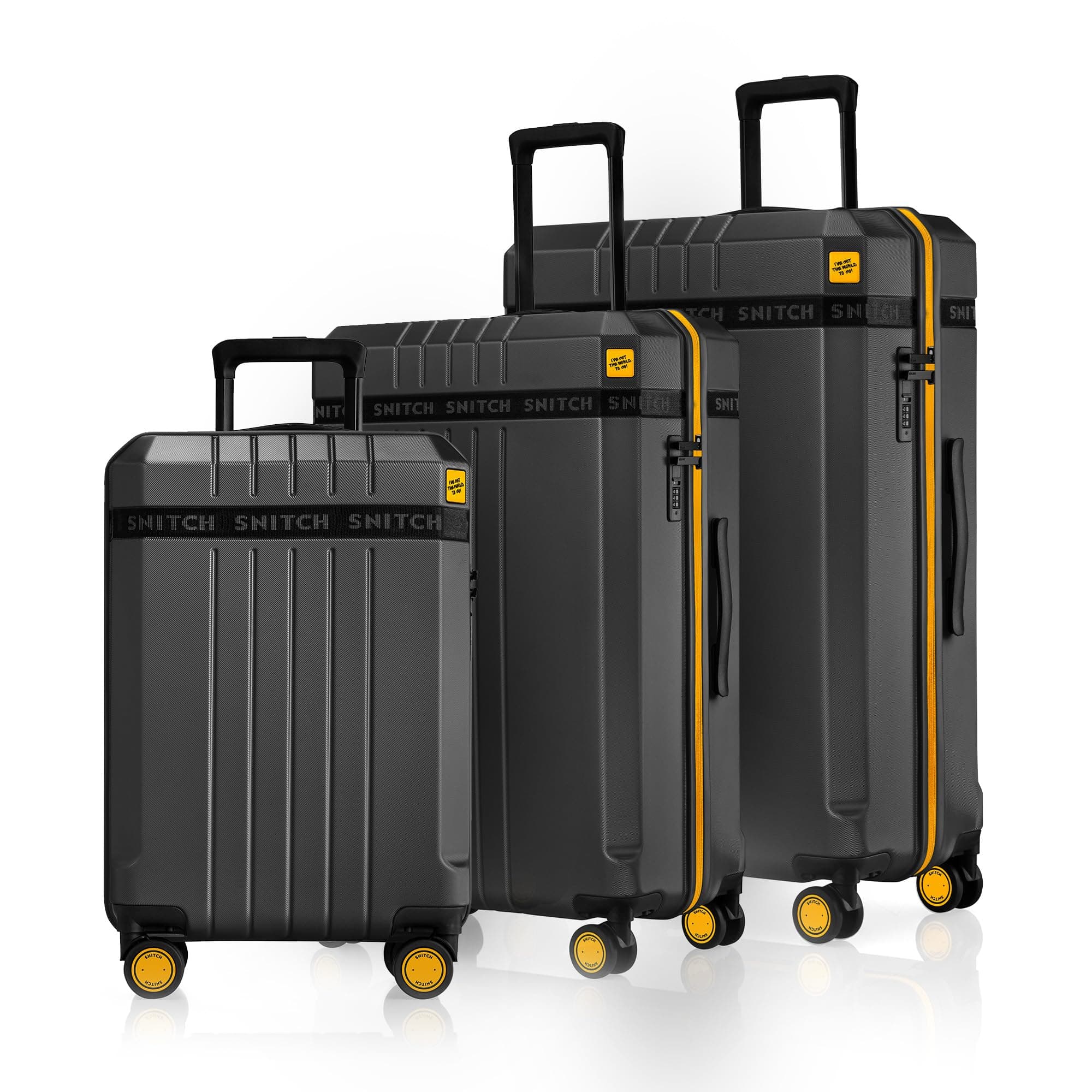 SNITCH VITTO 3-Piece Set Black Polycarbonate Hard Travel Suitcase - Suitcase for Travel Set of 3 & Luggage with 8 Wheels, Premium Lock, Wet Pouch & Free Shoe Bag