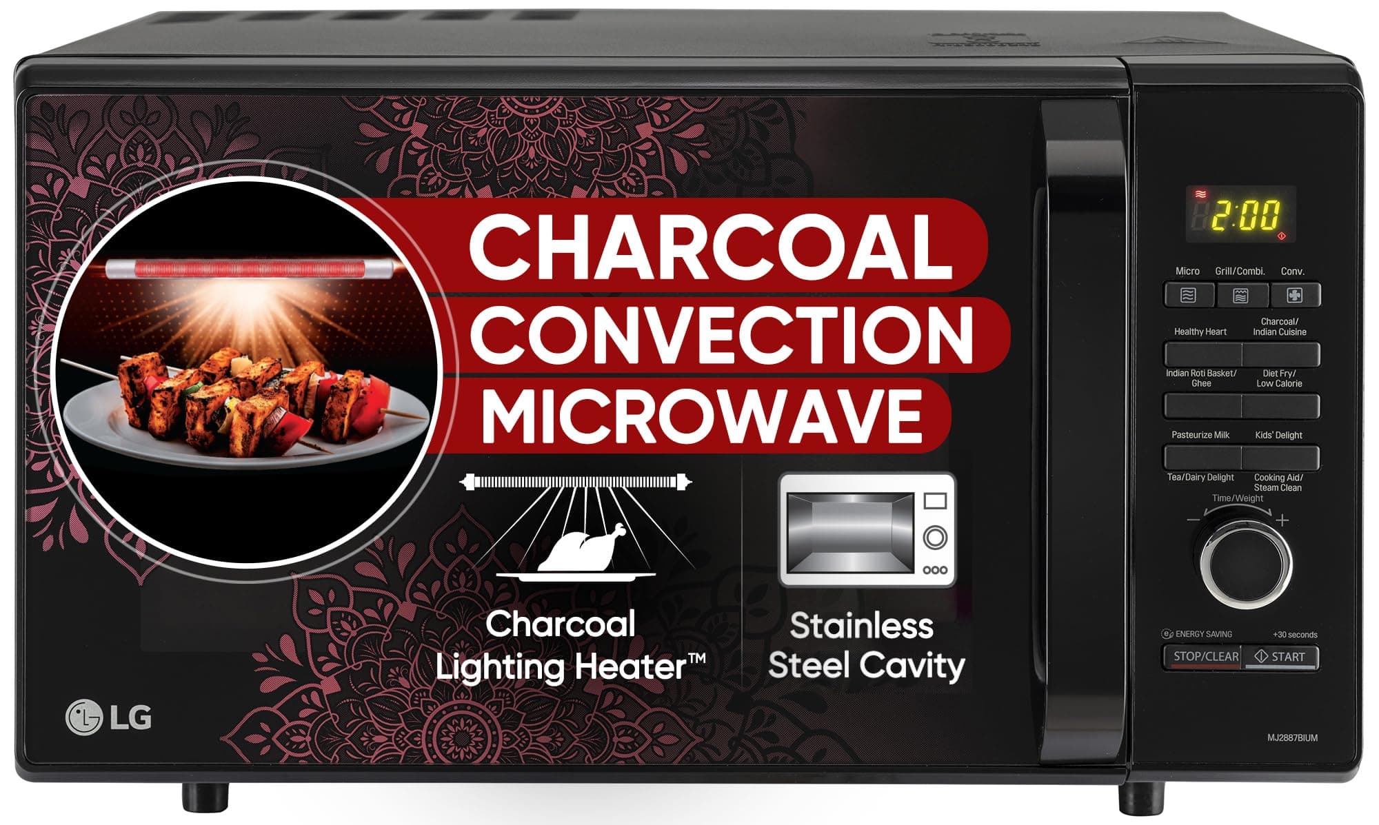 LG 28 L Charcoal Convection Healthy Microwave Oven with 301 Auto Cook Menu (MJ2887BIUM, Black, Healthy Heart Recipes, Diet Fry, 360° Motorised Rotisserie & 10 Years of warranty on Charcoal Heater)