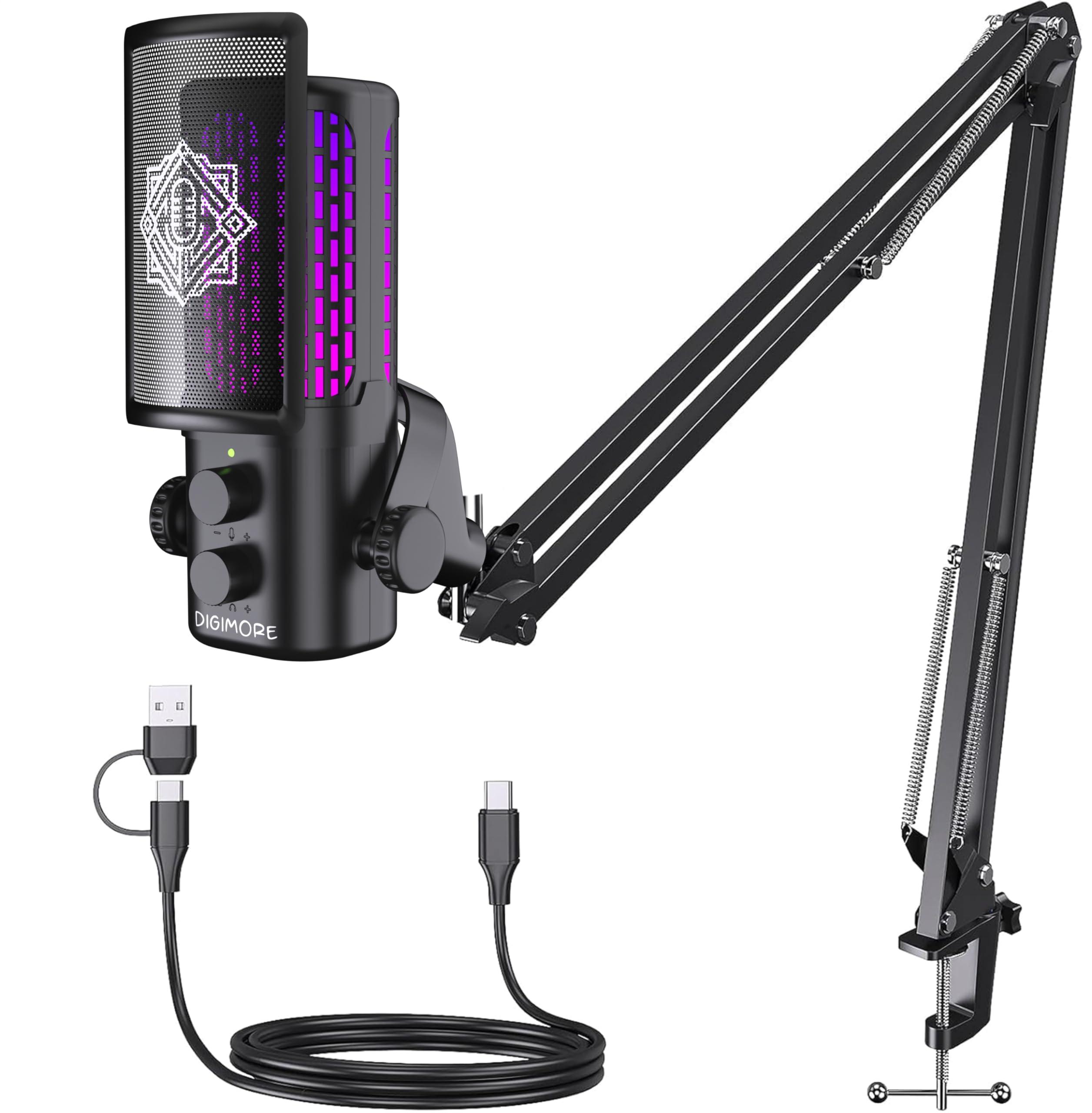 DIGIMORE USB Condenser Microphone Kit | 24-Bit/192kHz Bit Recording, Cardioid Polar Pattern, Real-Time Monitoring, Noise Reduction & Boom Arm Stand | Ideal for Streaming, Voiceovers & Gaming (D-530)